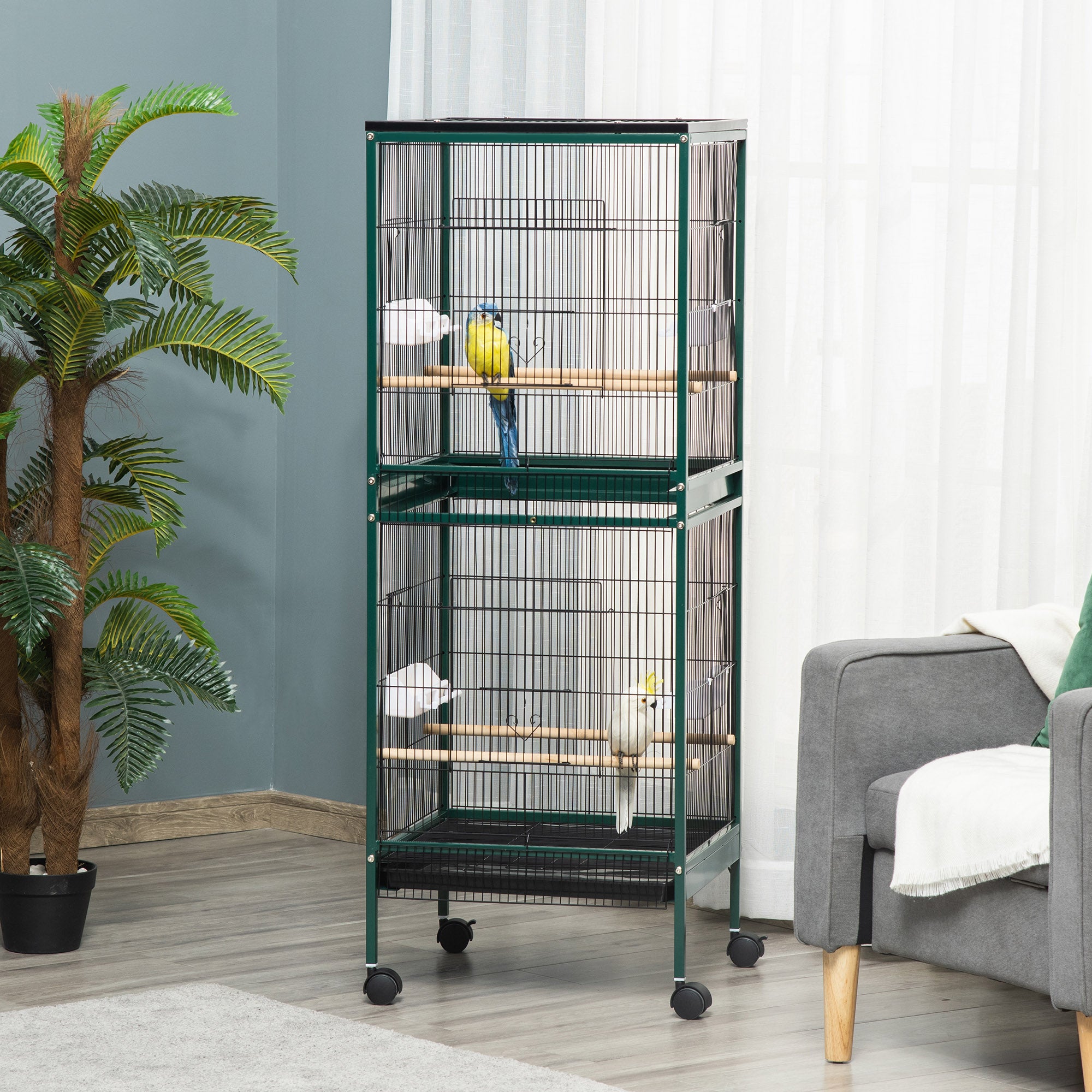 PawHut 55.1" 2 In 1 Bird Cage Aviary Parakeet House for finches, budgies with Wheels, Slide-out Trays, Wood Perch, Food Containers, Green