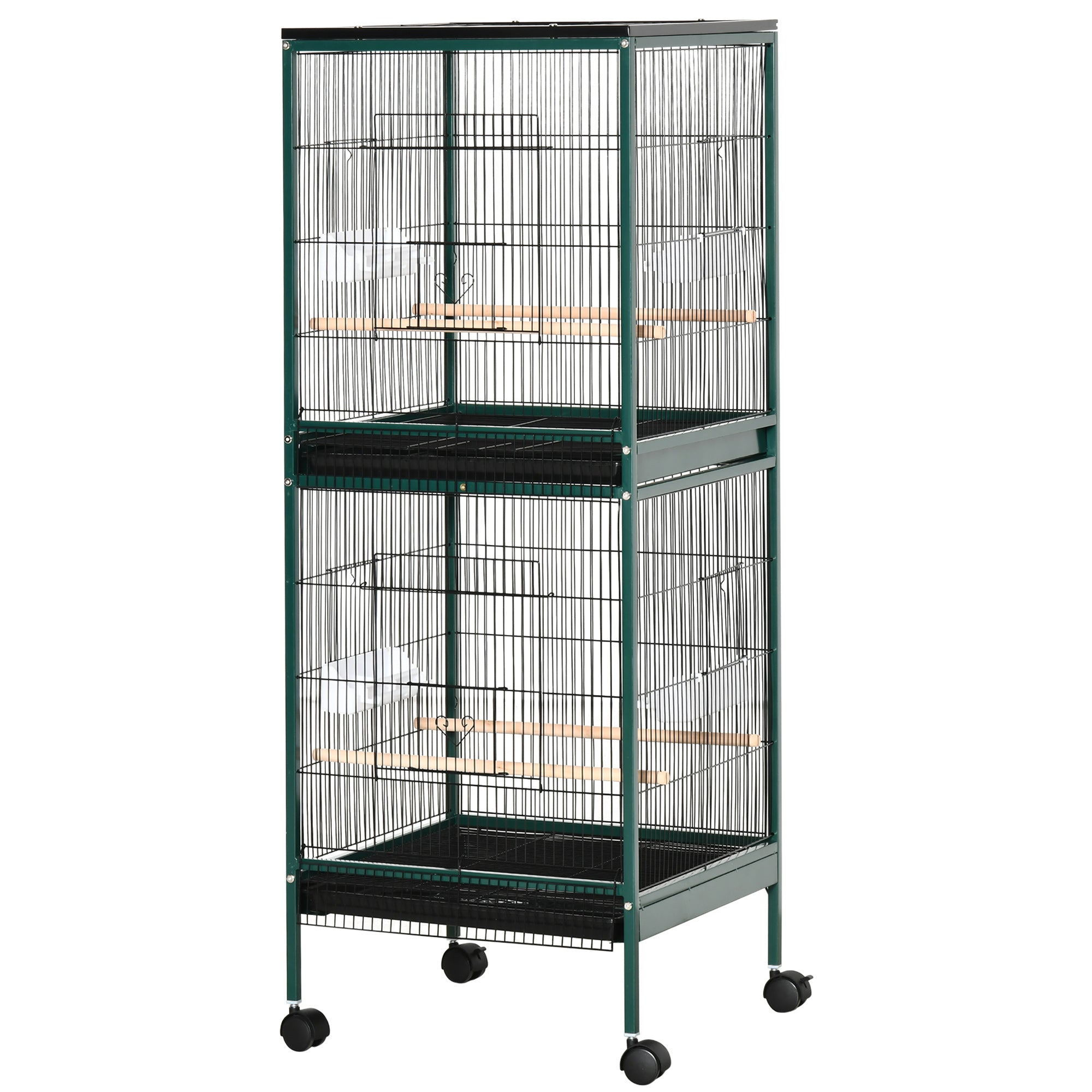 PawHut 55.1" 2 In 1 Bird Cage Aviary Parakeet House for finches, budgies with Wheels, Slide-out Trays, Wood Perch, Food Containers, Green