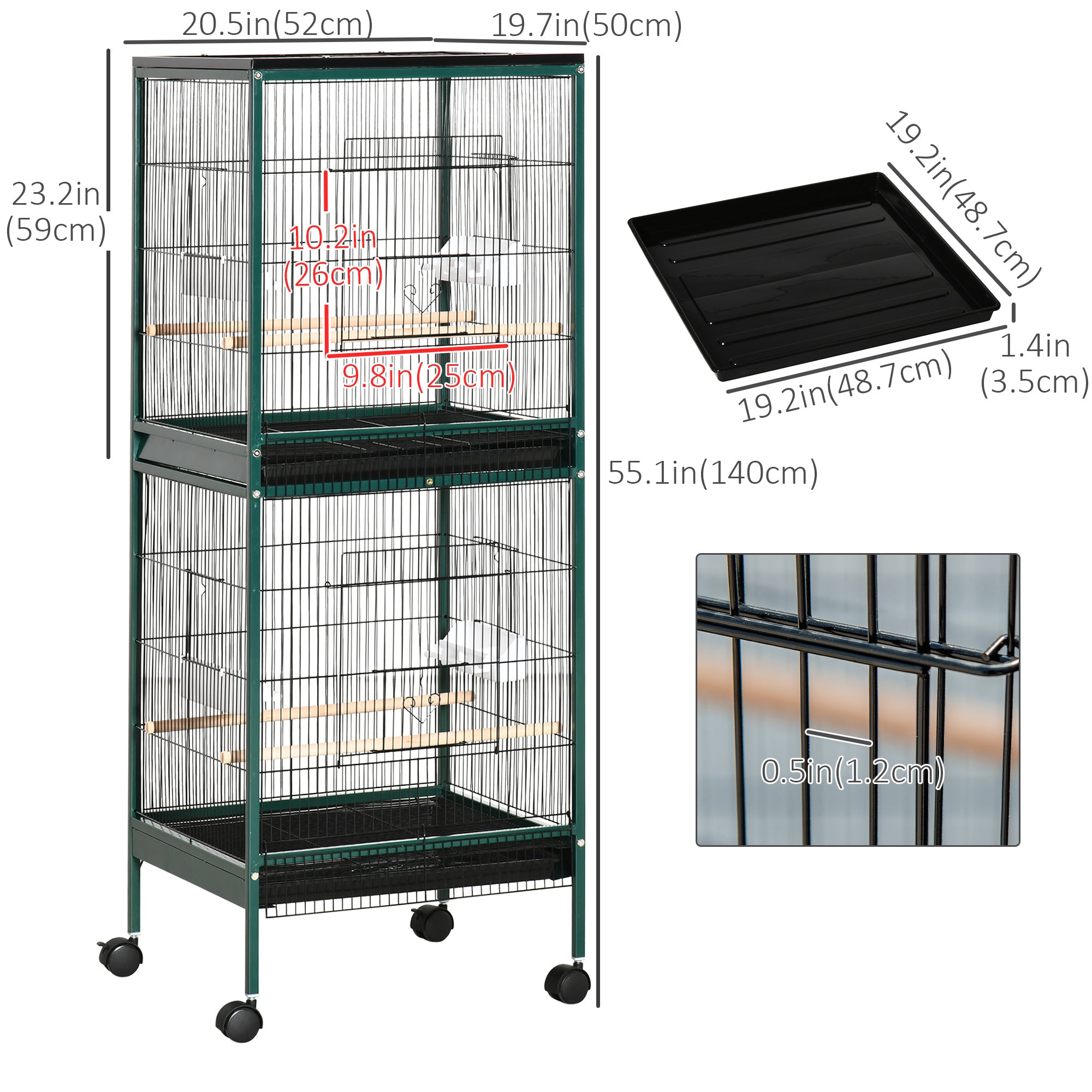 PawHut 55.1" 2 In 1 Bird Cage Aviary Parakeet House for finches, budgies with Wheels, Slide-out Trays, Wood Perch, Food Containers, Green