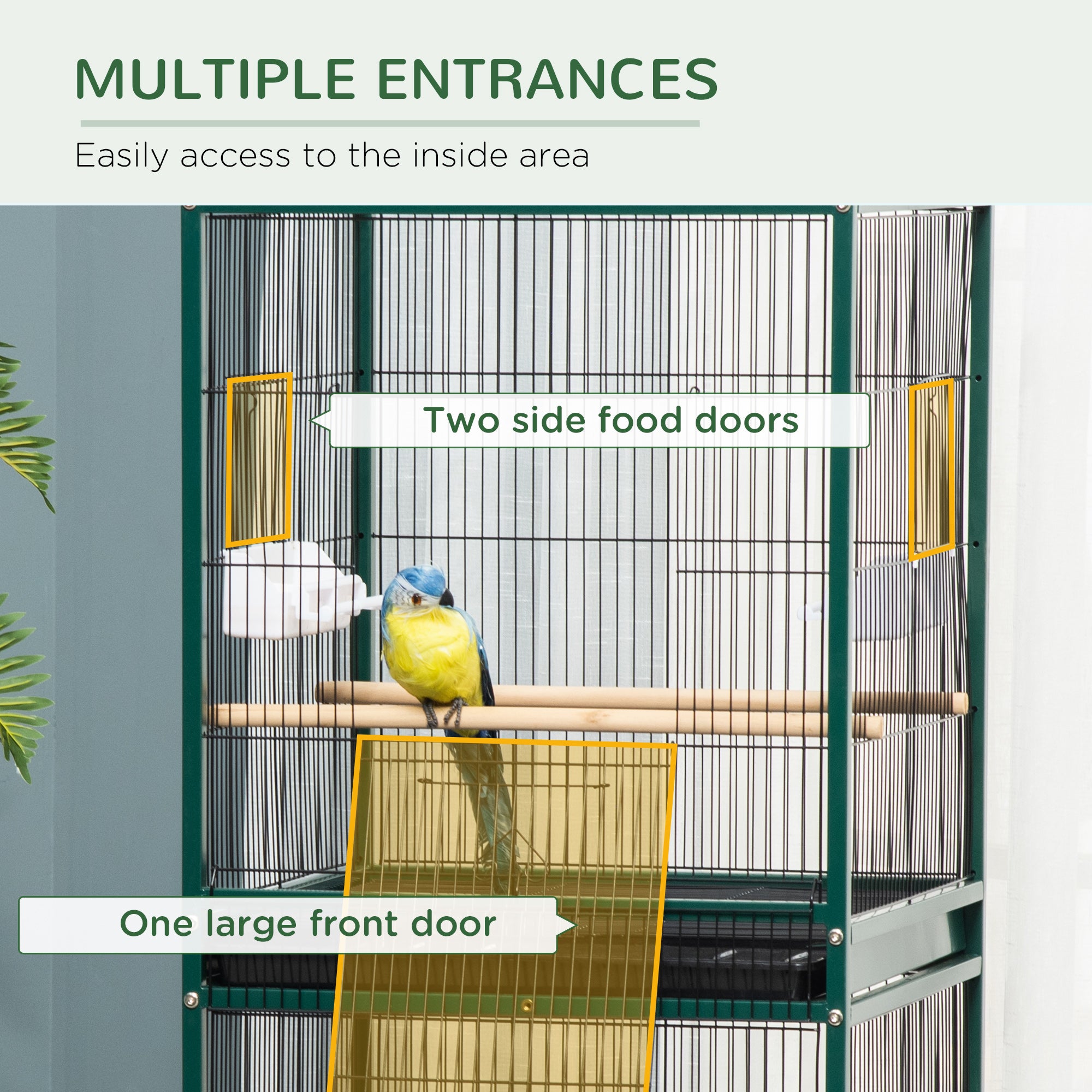 PawHut 55.1" 2 In 1 Bird Cage Aviary Parakeet House for finches, budgies with Wheels, Slide-out Trays, Wood Perch, Food Containers, Green
