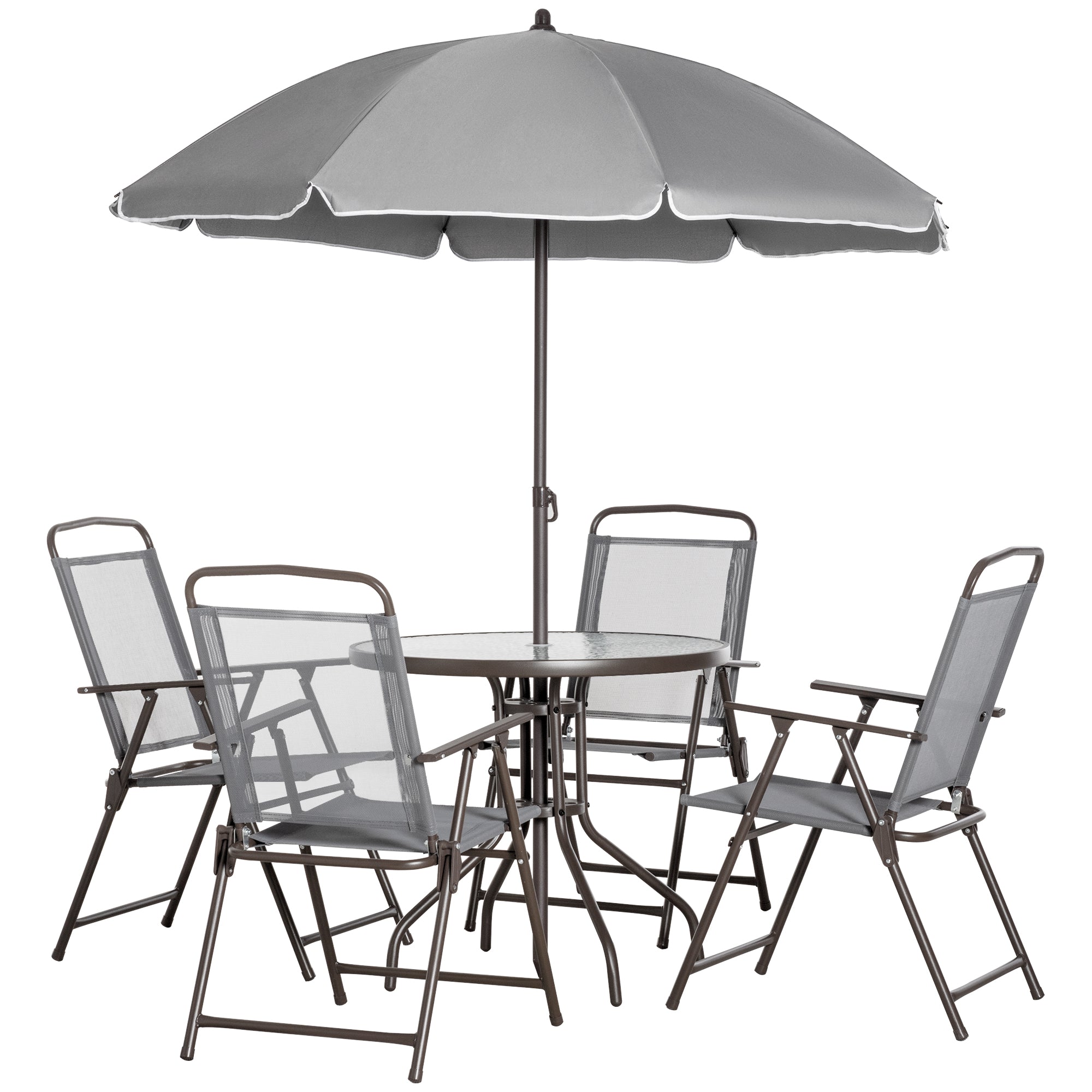 Outsunny 6 Pieces Patio Dining Set with Umbrella, Outdoor Furniture Set with Round Table and 4 Folding Chairs for Garden, Lawn, Deck, Grey