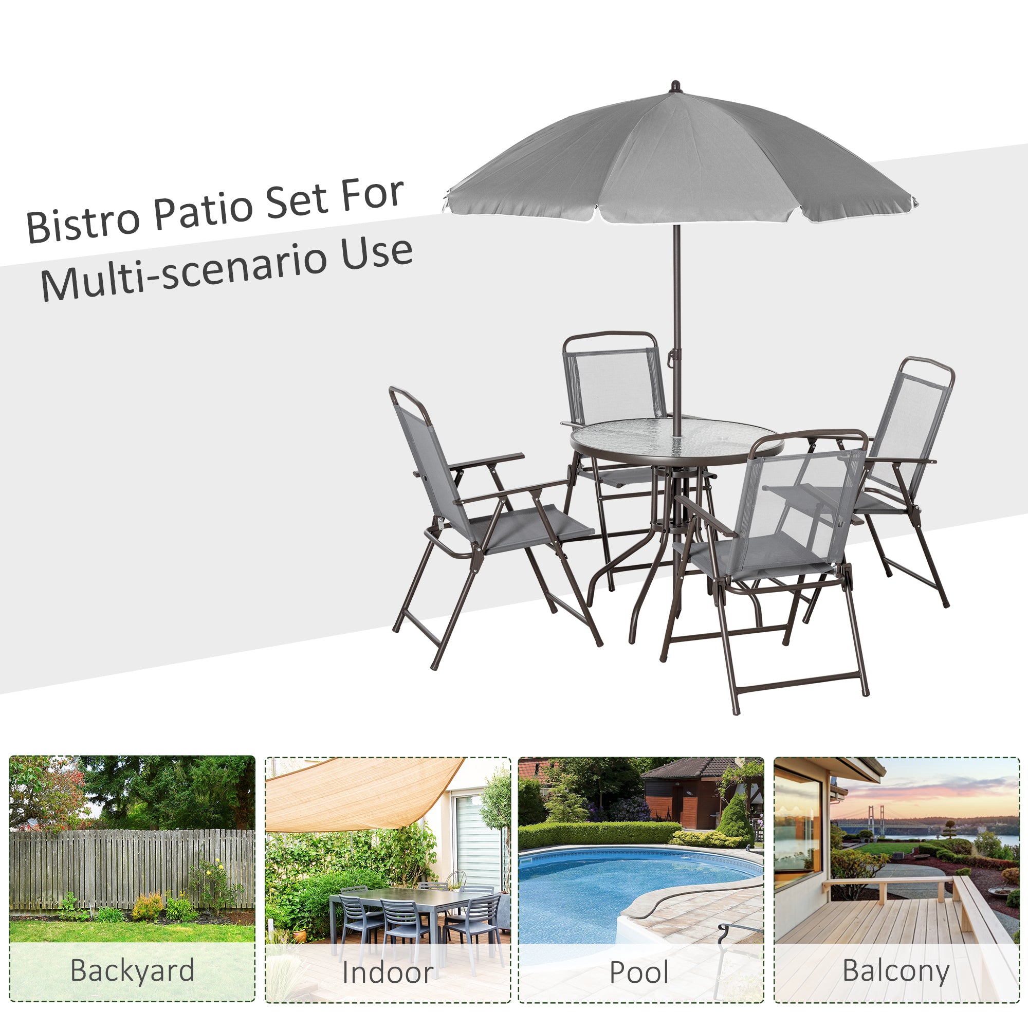 Outsunny 6 Pieces Patio Dining Set with Umbrella, Outdoor Furniture Set with Round Table and 4 Folding Chairs for Garden, Lawn, Deck, Grey