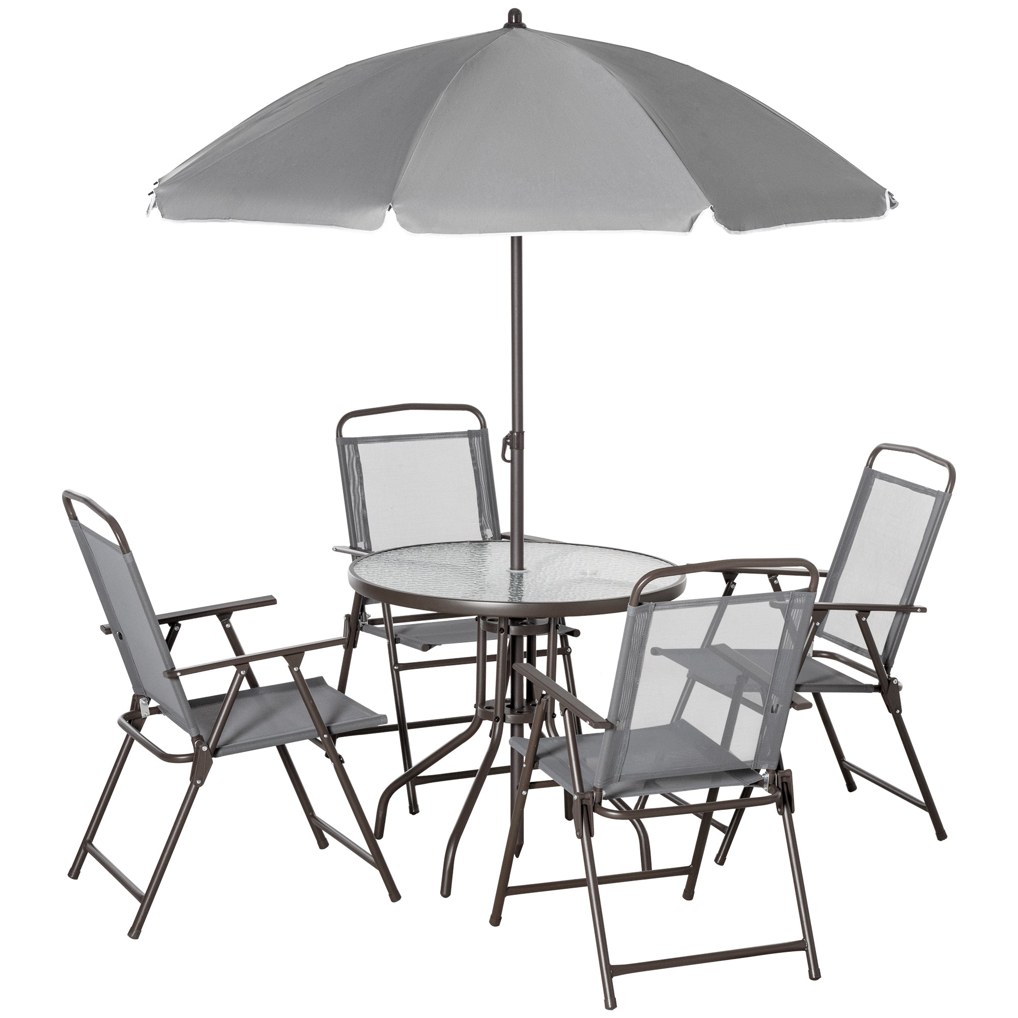 Outsunny 6 Pieces Patio Dining Set with Umbrella, Outdoor Furniture Set with Round Table and 4 Folding Chairs for Garden, Lawn, Deck, Grey