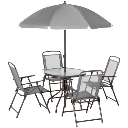 Outsunny 6 Pieces Patio Dining Set with Umbrella, Outdoor Furniture Set with Round Table and 4 Folding Chairs for Garden, Lawn, Deck, Grey