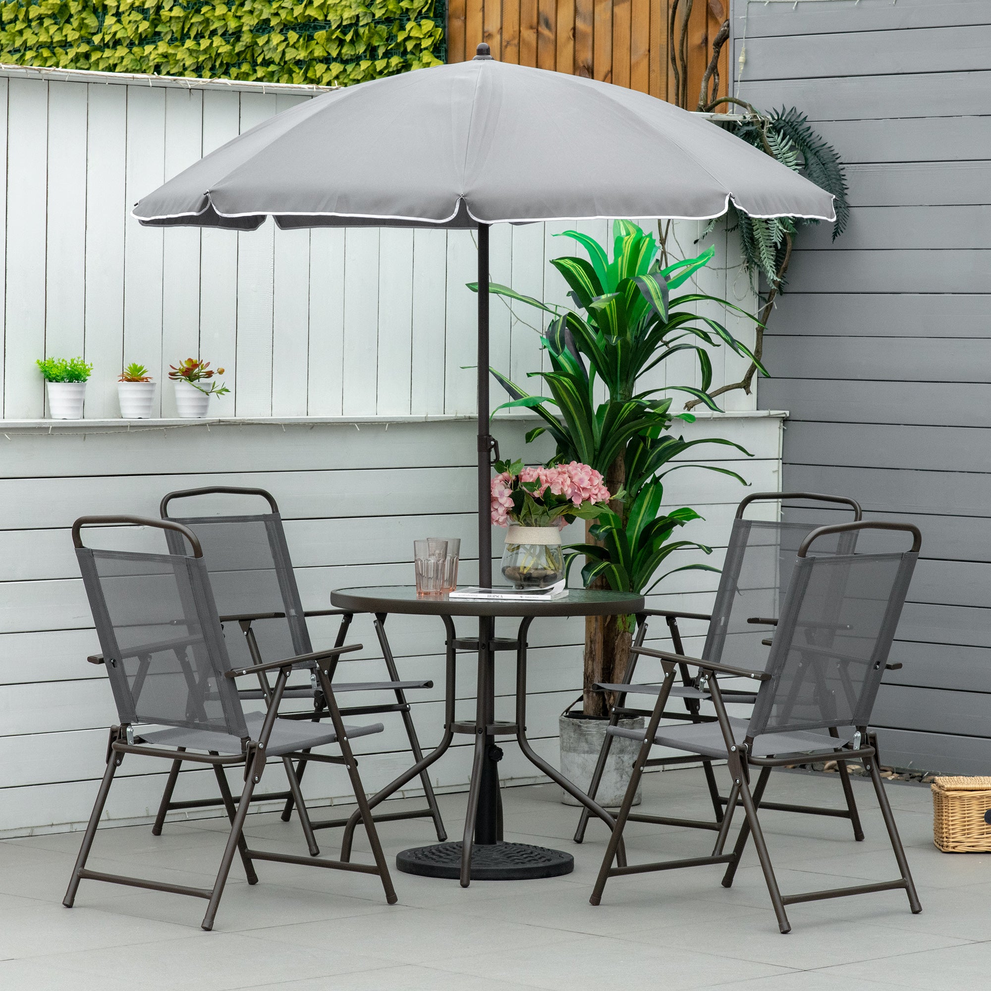 Outsunny 6 Pieces Patio Dining Set with Umbrella, Outdoor Furniture Set with Round Table and 4 Folding Chairs for Garden, Lawn, Deck, Grey
