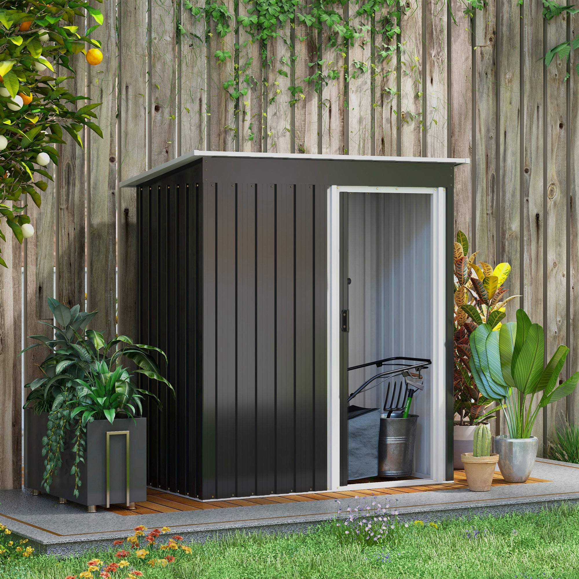 Outsunny 5 x 3 FT Outdoor Storage Shed with Sliding Door and Sloped Roof, Steel Frame Garden Shed Tool Equipment, Black