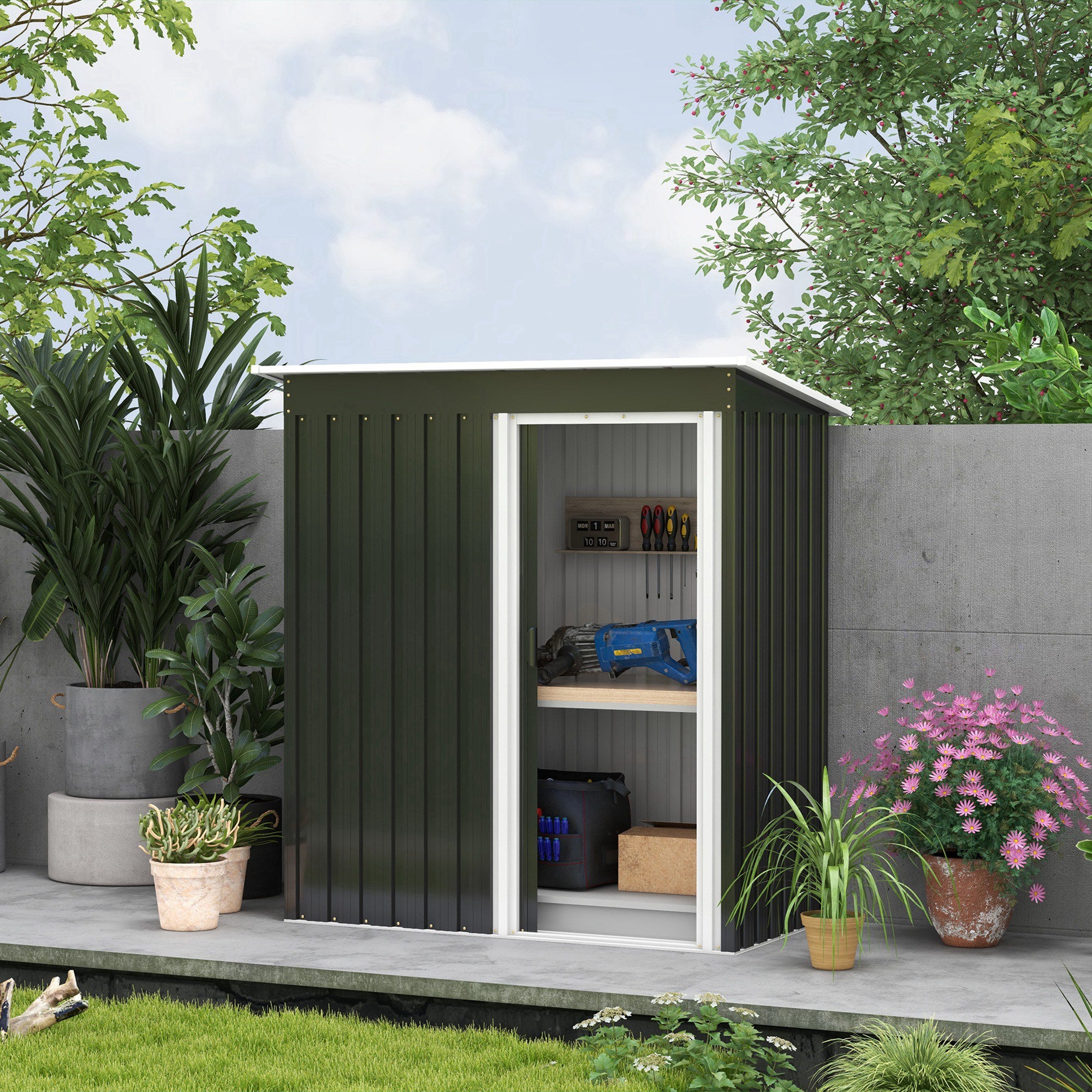 Outsunny 5 x 3 FT Outdoor Storage Shed with Sliding Door and Sloped Roof, Steel Frame Garden Shed Tool Equipment, Black