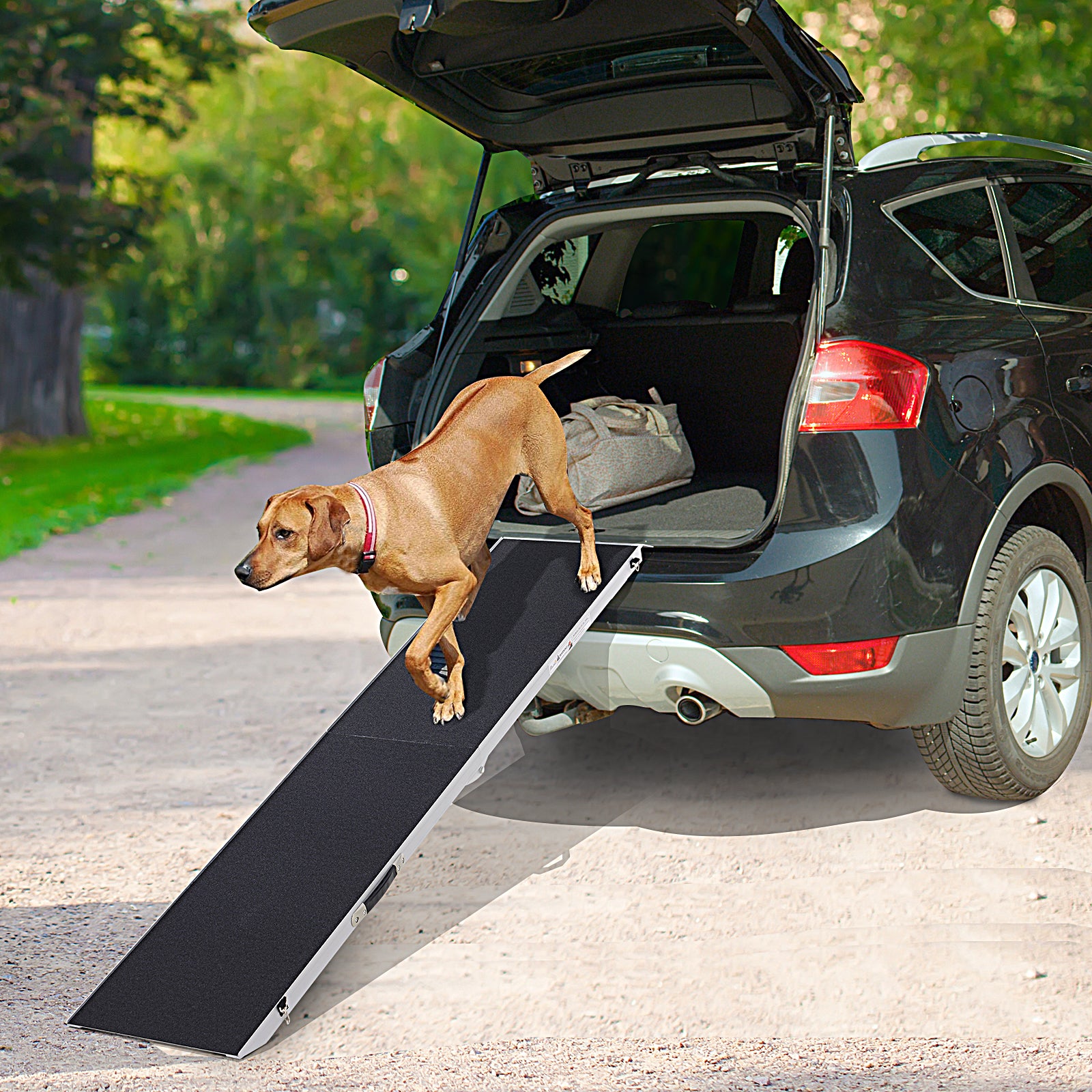 PawHut 84 Inch Bi-fold Pet Ramp Dog Ladder Portable Lightweight Aluminum Alloy, Black