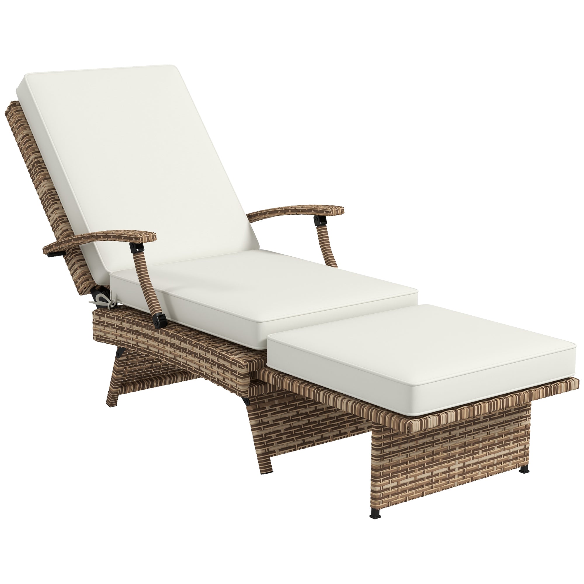 Outsunny Outdoor Recliner Chair with Cushion, Foldable Design Garden PE Rattan Recliner Chair with Retractable Footrest and Adjustable Back, White