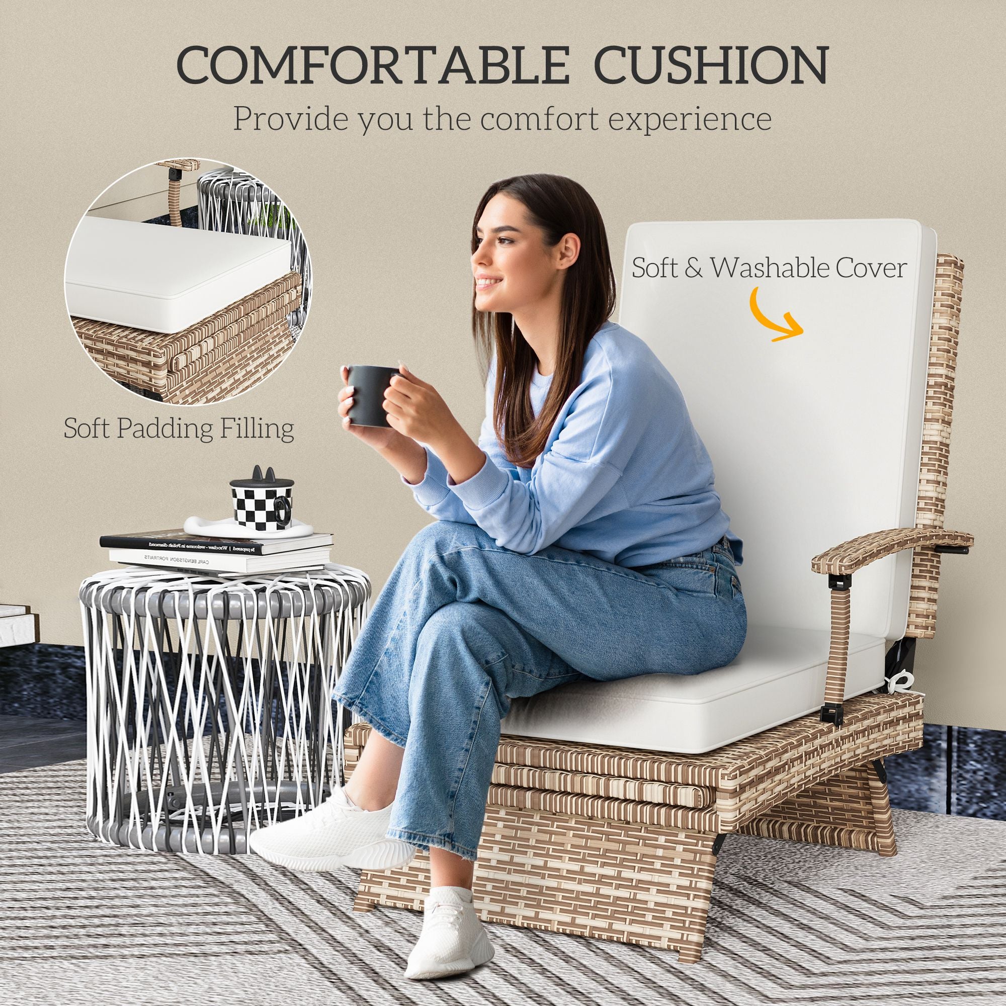 Outsunny Outdoor Recliner Chair with Cushion, Foldable Design Garden PE Rattan Recliner Chair with Retractable Footrest and Adjustable Back, White