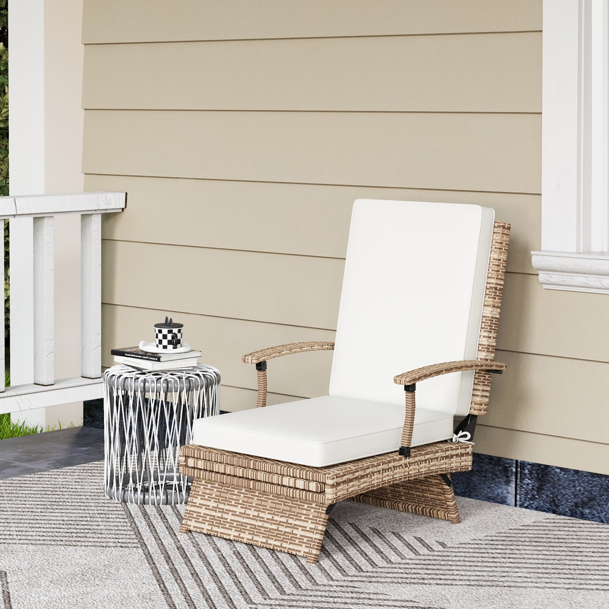 Outsunny Outdoor Recliner Chair with Cushion, Foldable Design Garden PE Rattan Recliner Chair with Retractable Footrest and Adjustable Back, White