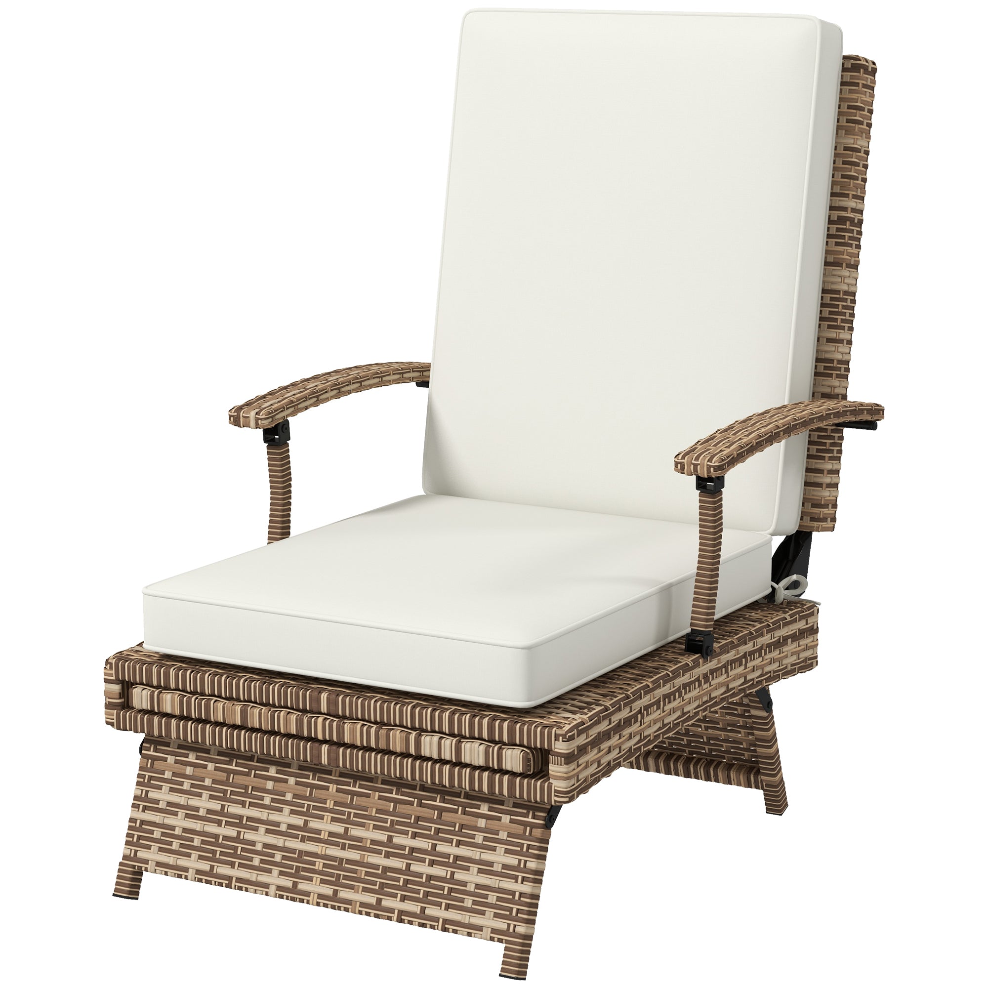 Outsunny Outdoor Recliner Chair with Cushion, Foldable Design Garden PE Rattan Recliner Chair with Retractable Footrest and Adjustable Back, White