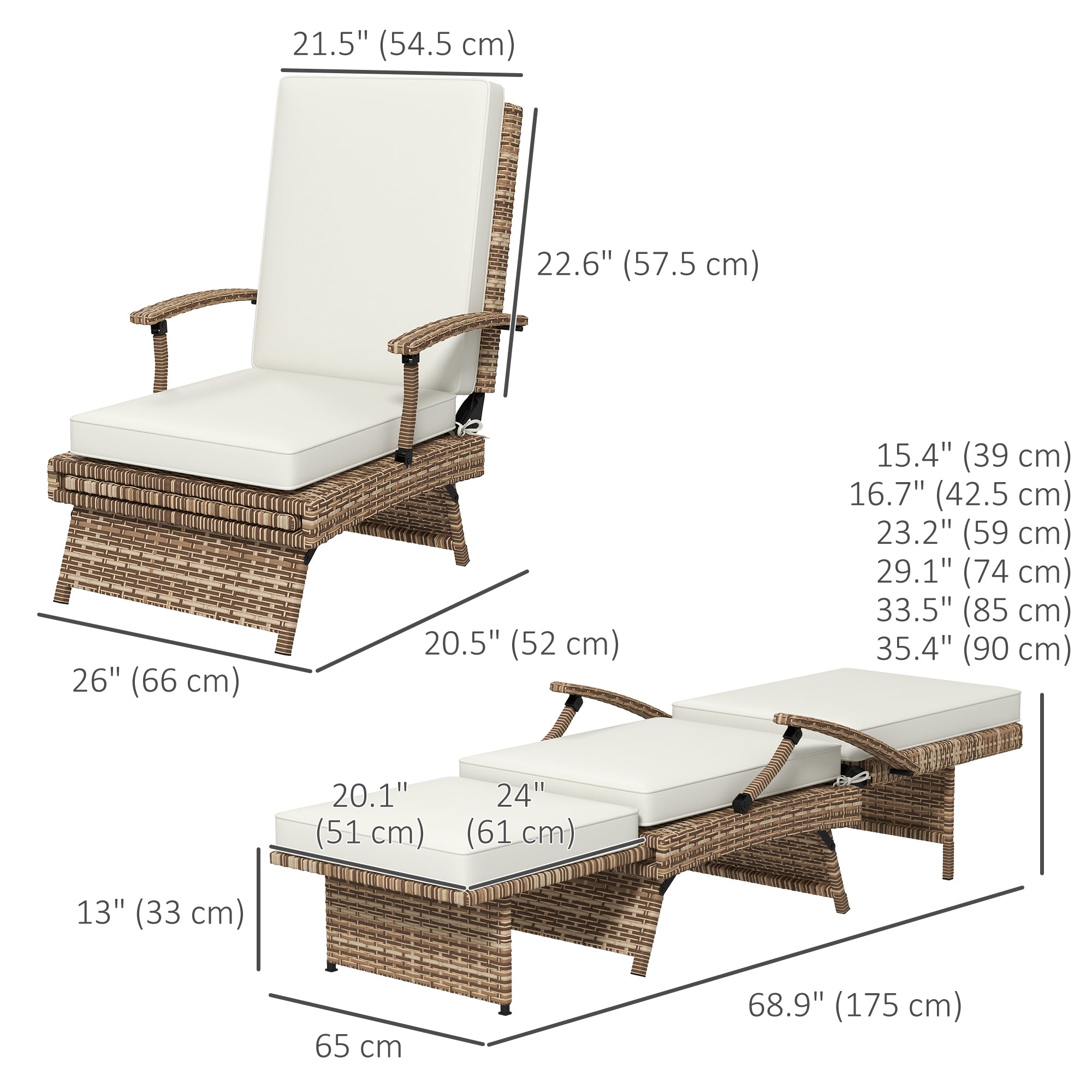 Outsunny Outdoor Recliner Chair with Cushion, Foldable Design Garden PE Rattan Recliner Chair with Retractable Footrest and Adjustable Back, White
