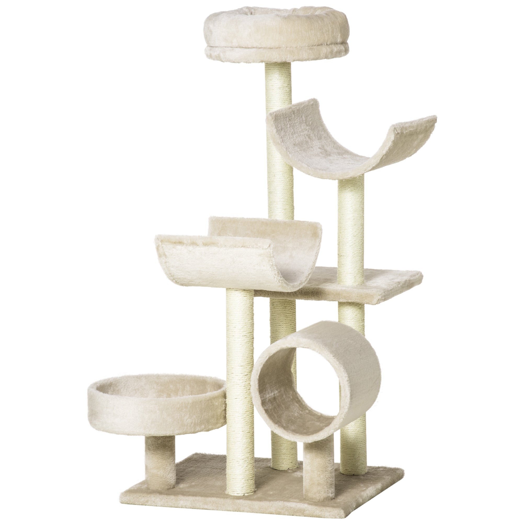 PawHut Cat Tree for Indoor Cats Kitten Pet Scratching Post Perch Activity Center Scratcher Climb Post Play House Arch with Tunnel 105cm Tall Beige