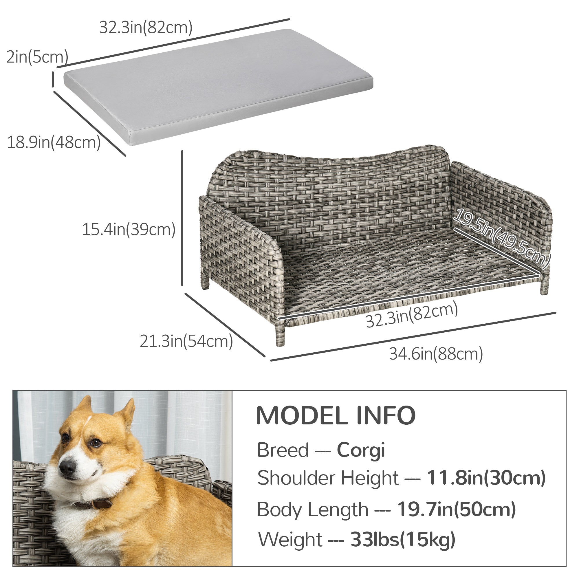 PawHut Rattan Pet Sofa for Large & Medium Dogs, Indoor & Outdoor Raised Wicker Dog Bed, Cat Couch, with Soft Washable Cushion, Light grey