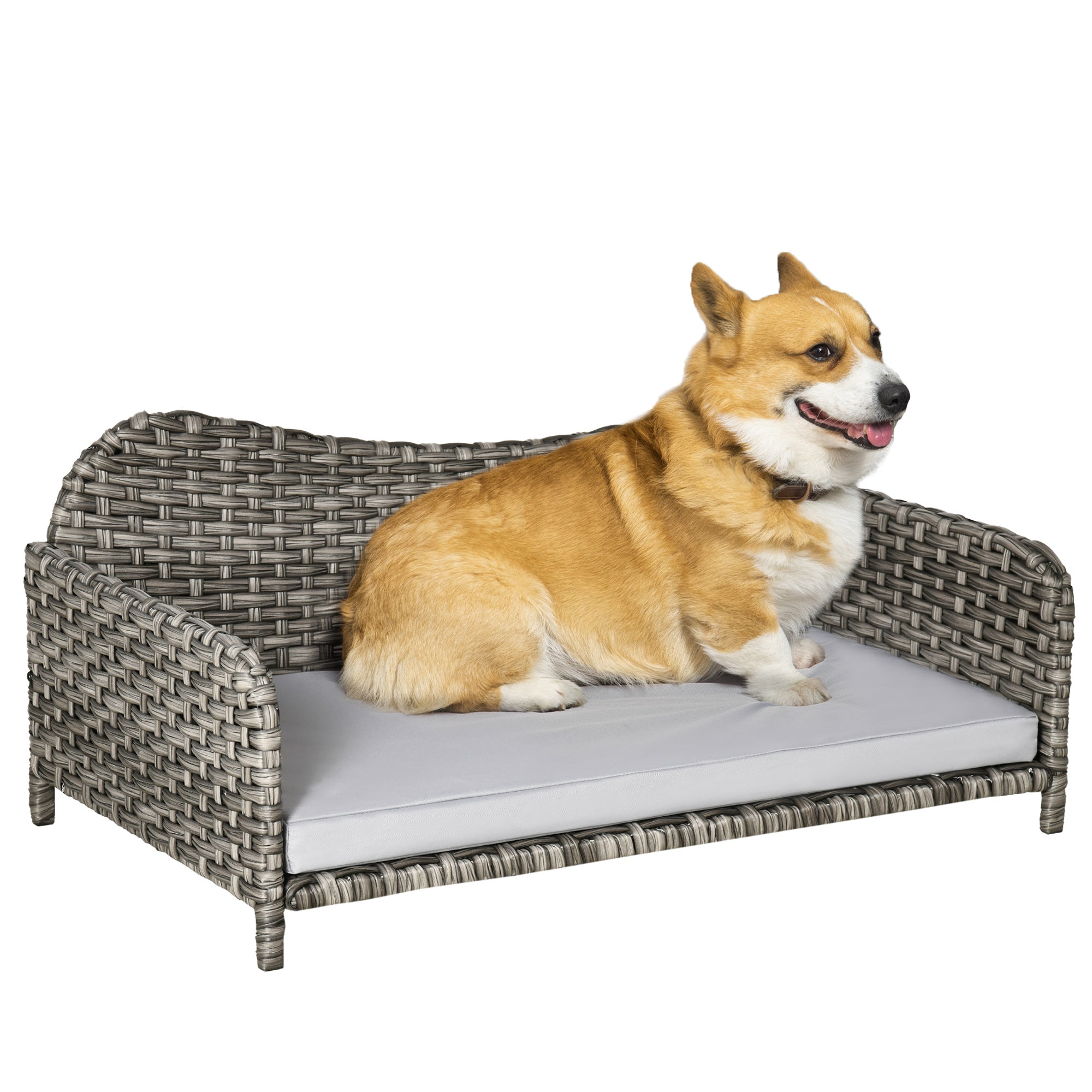 PawHut Rattan Pet Sofa for Large & Medium Dogs, Indoor & Outdoor Raised Wicker Dog Bed, Cat Couch, with Soft Washable Cushion, Light grey