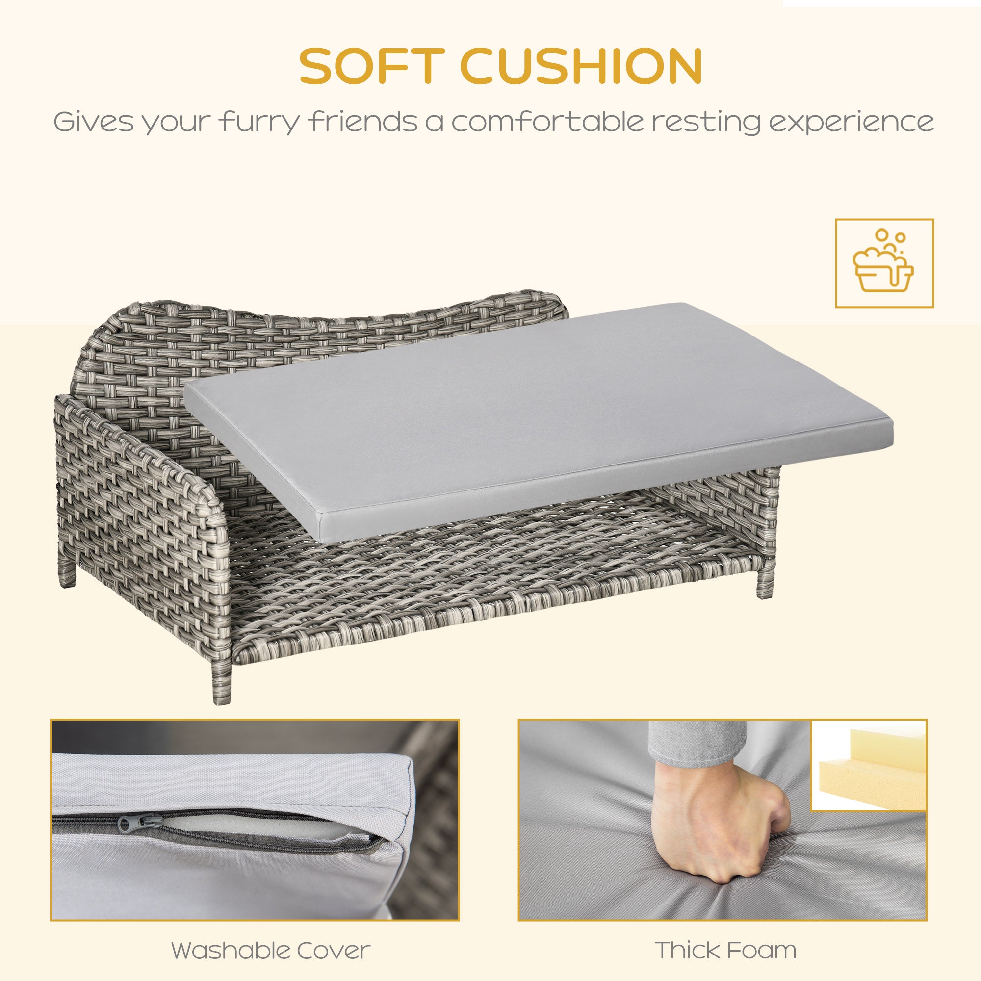 PawHut Rattan Pet Sofa for Large & Medium Dogs, Indoor & Outdoor Raised Wicker Dog Bed, Cat Couch, with Soft Washable Cushion, Light grey