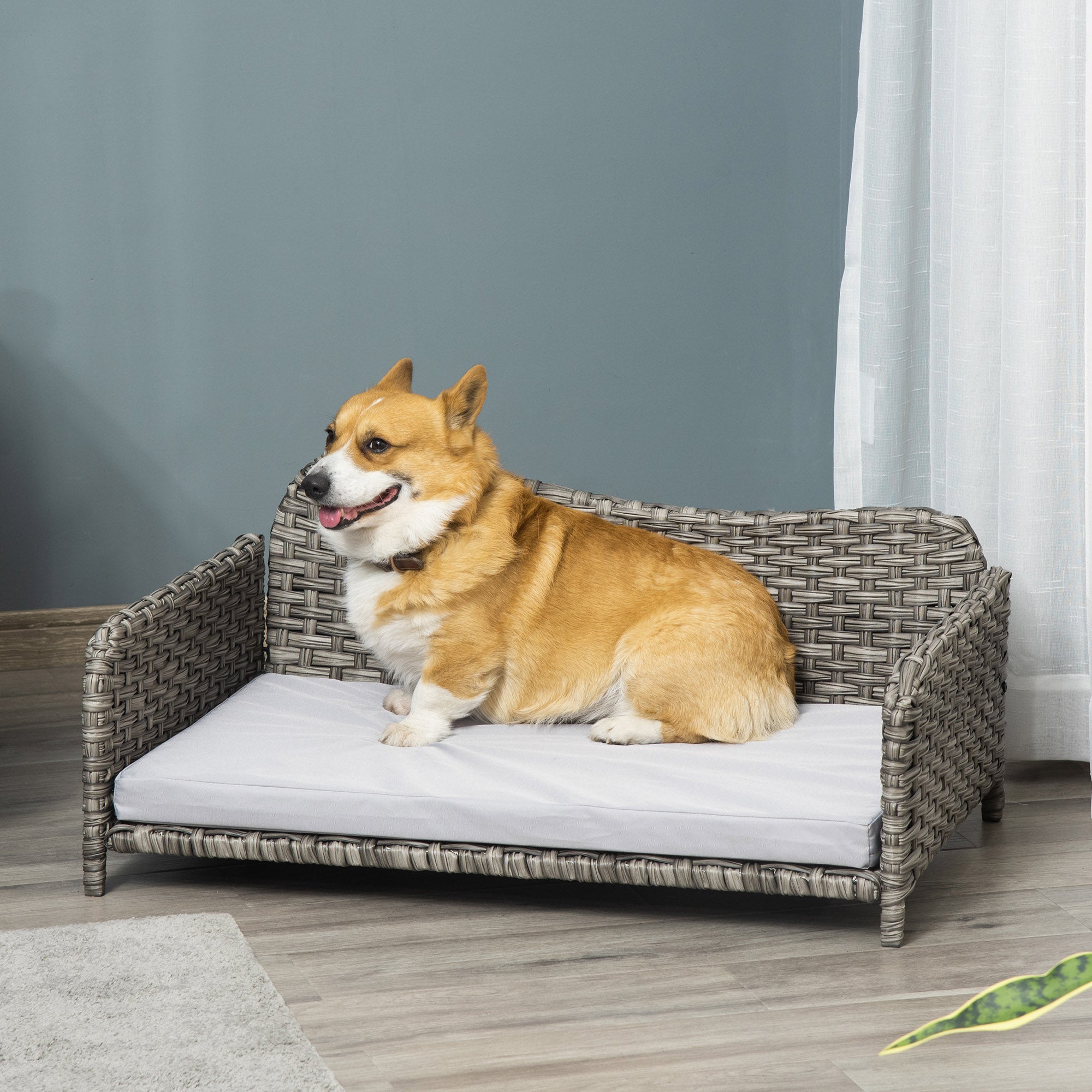 PawHut Rattan Pet Sofa for Large & Medium Dogs, Indoor & Outdoor Raised Wicker Dog Bed, Cat Couch, with Soft Washable Cushion, Light grey