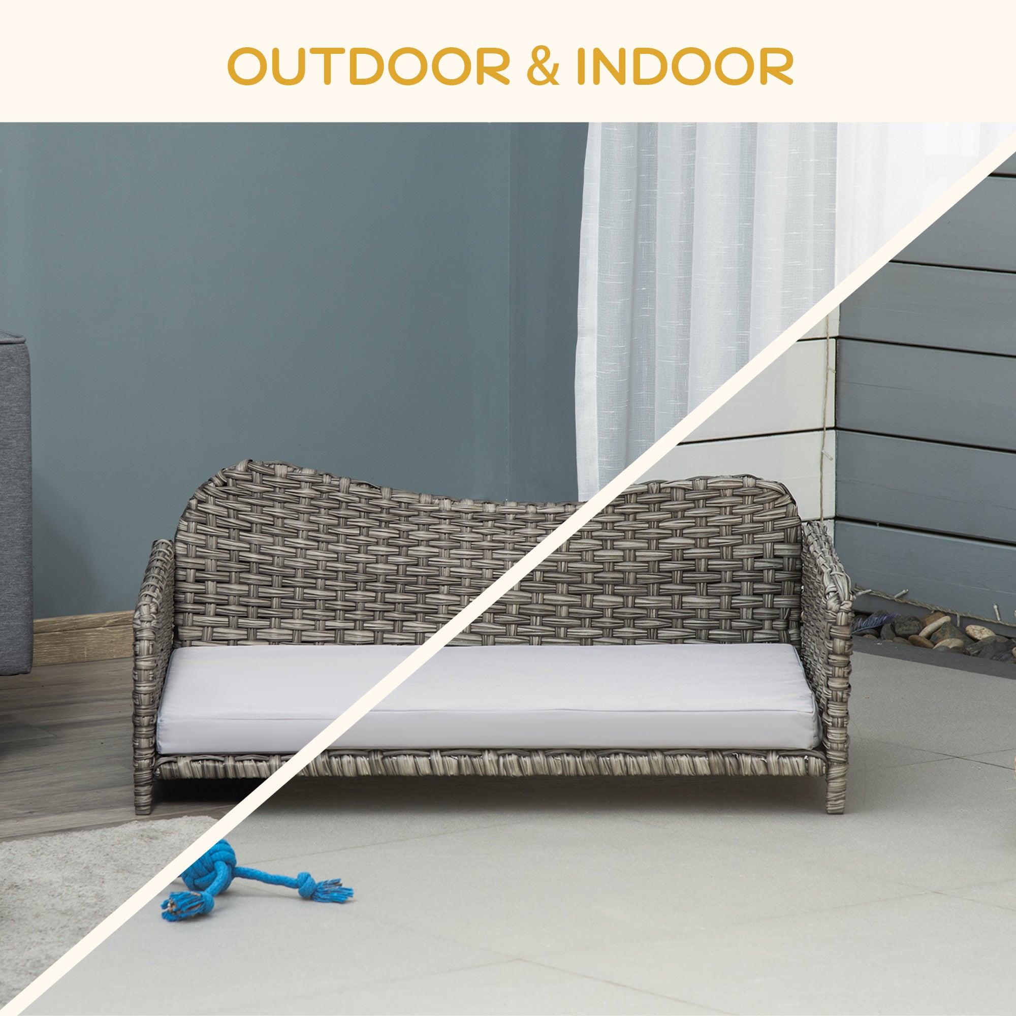 PawHut Rattan Pet Sofa for Large & Medium Dogs, Indoor & Outdoor Raised Wicker Dog Bed, Cat Couch, with Soft Washable Cushion, Light grey