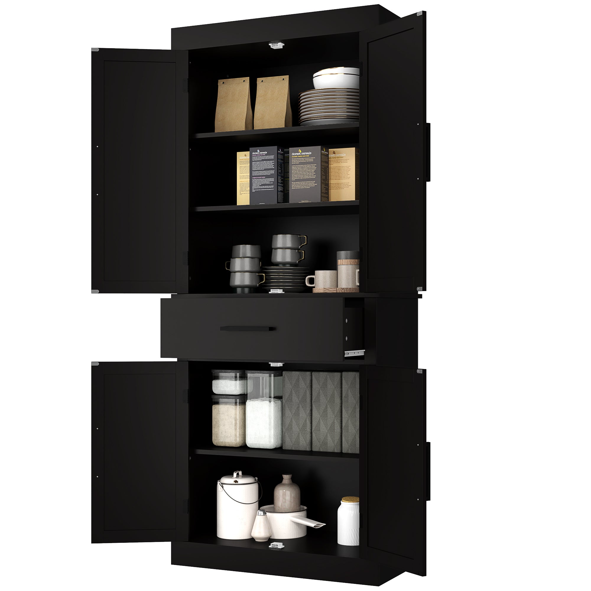 HOMCOM 72" Tall Kitchen Pantry Cabinet, Farmhouse Freestanding Storage Cabinet with Doors and Shelves, Kitchen Cabinet with Drawer and Adjustable Shelves, Black