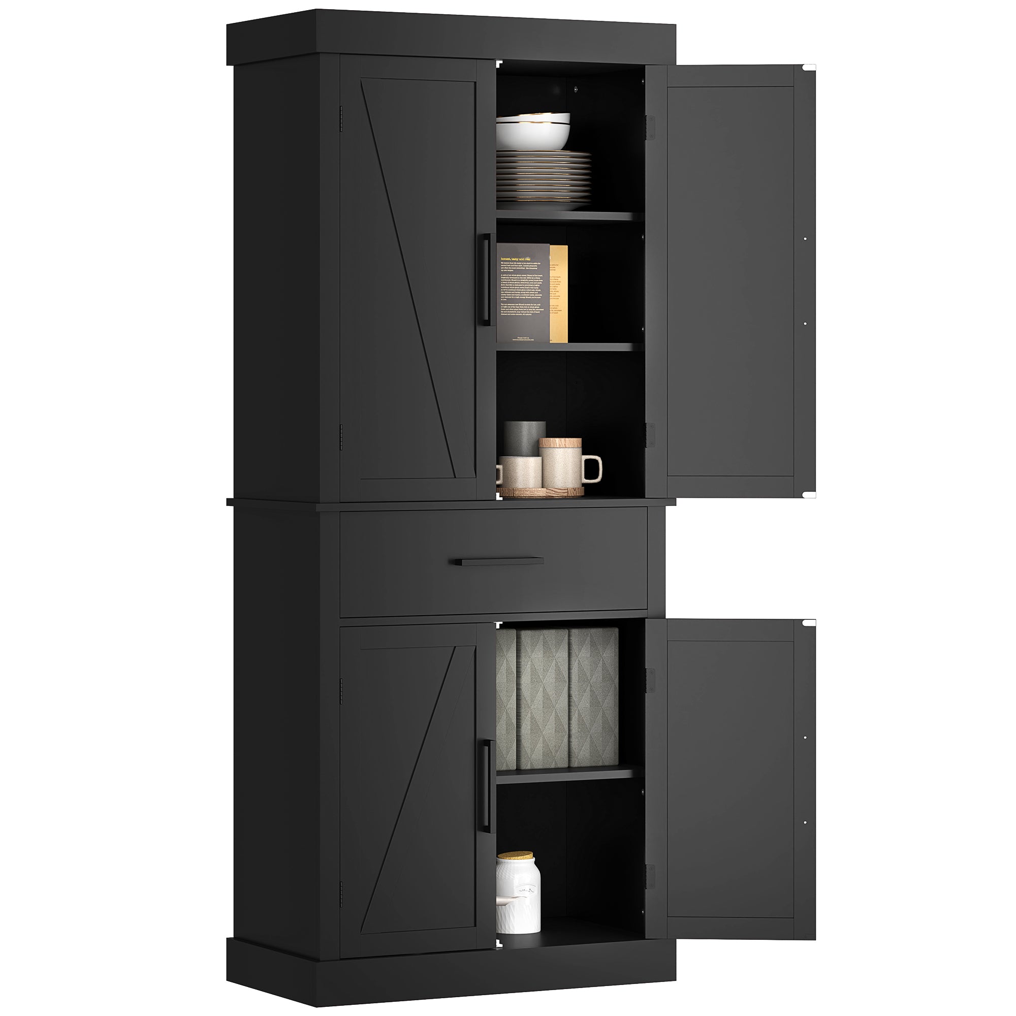 HOMCOM 72" Tall Kitchen Pantry Cabinet, Farmhouse Freestanding Storage Cabinet with Doors and Shelves, Kitchen Cabinet with Drawer and Adjustable Shelves, Black