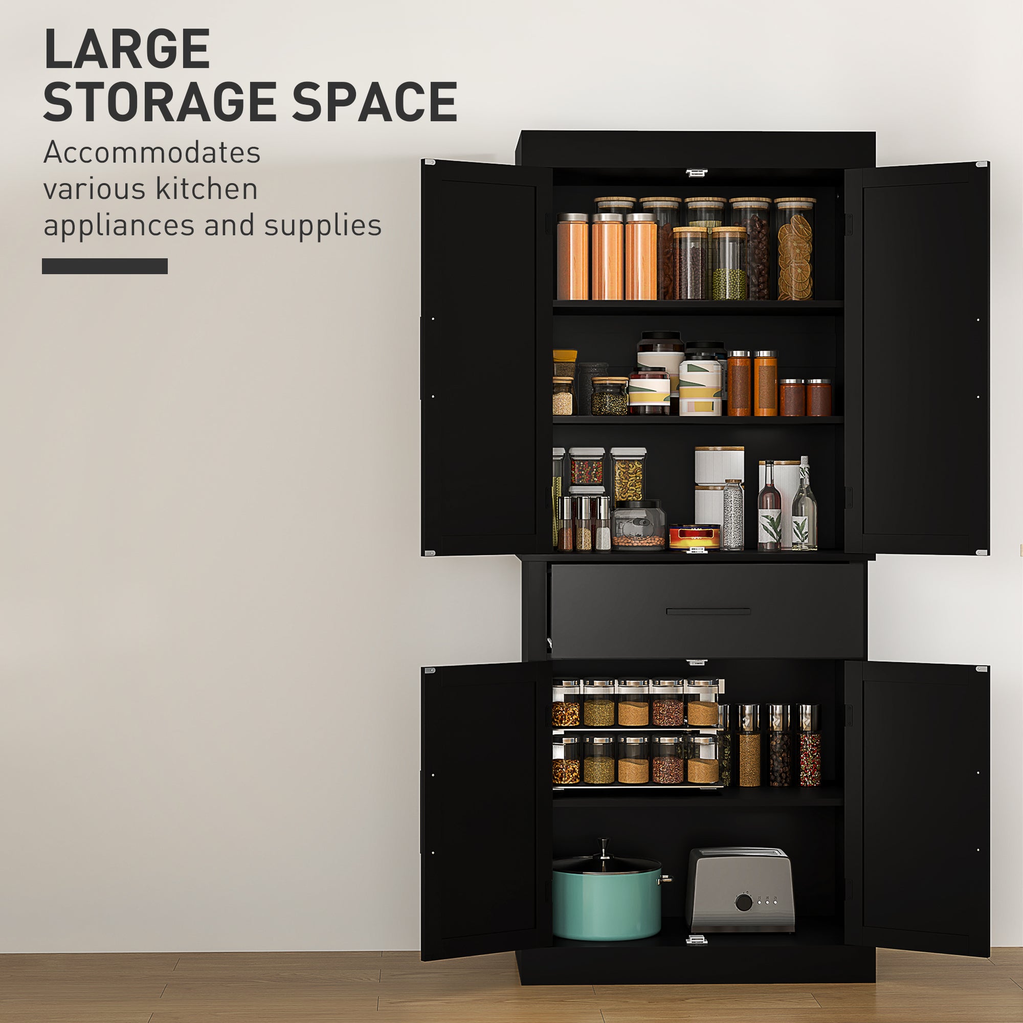 HOMCOM 72" Tall Kitchen Pantry Cabinet, Farmhouse Freestanding Storage Cabinet with Doors and Shelves, Kitchen Cabinet with Drawer and Adjustable Shelves, Black