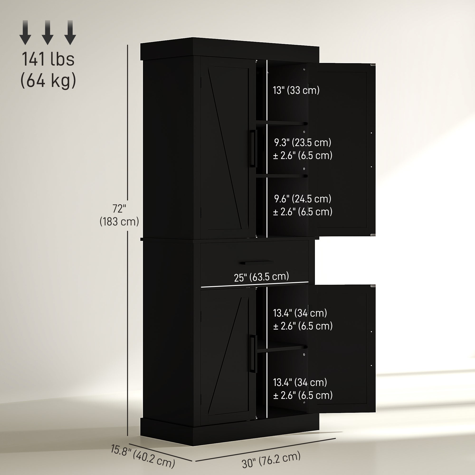 HOMCOM 72" Tall Kitchen Pantry Cabinet, Farmhouse Freestanding Storage Cabinet with Doors and Shelves, Kitchen Cabinet with Drawer and Adjustable Shelves, Black