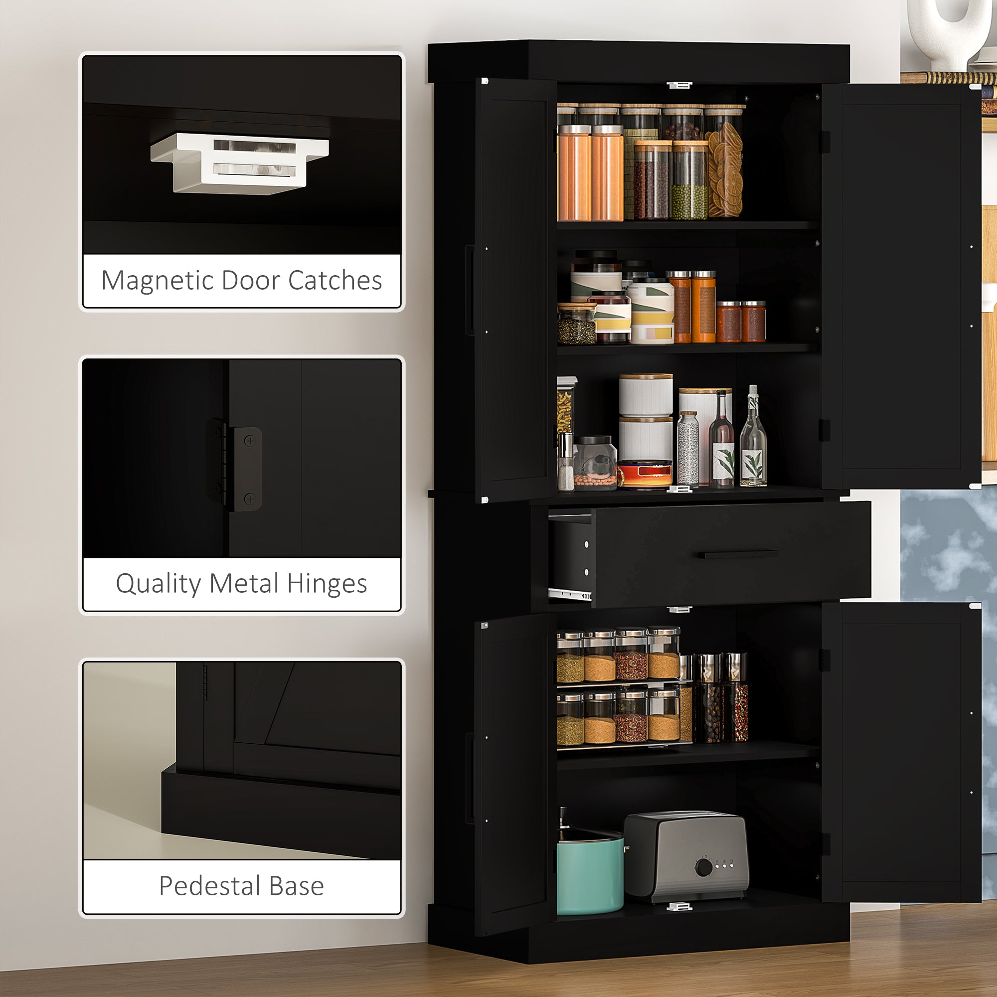 HOMCOM 72" Tall Kitchen Pantry Cabinet, Farmhouse Freestanding Storage Cabinet with Doors and Shelves, Kitchen Cabinet with Drawer and Adjustable Shelves, Black