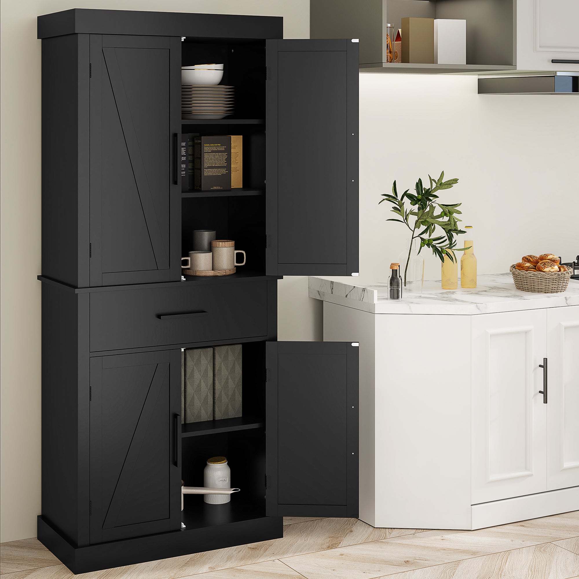 HOMCOM 72" Tall Kitchen Pantry Cabinet, Farmhouse Freestanding Storage Cabinet with Doors and Shelves, Kitchen Cabinet with Drawer and Adjustable Shelves, Black