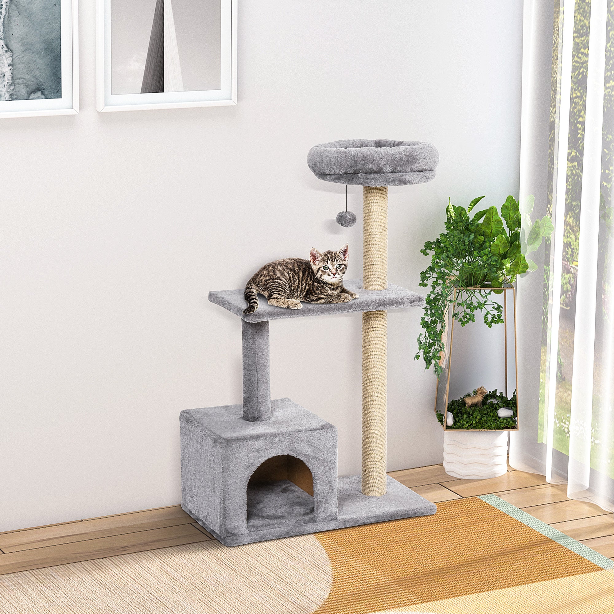 PawHut 96cm Cat Tree for Indoor Cats Condo Sisal Scratching Post Cat Tower Kitten Play House Dangling Ball Activity Center Furniture Grey