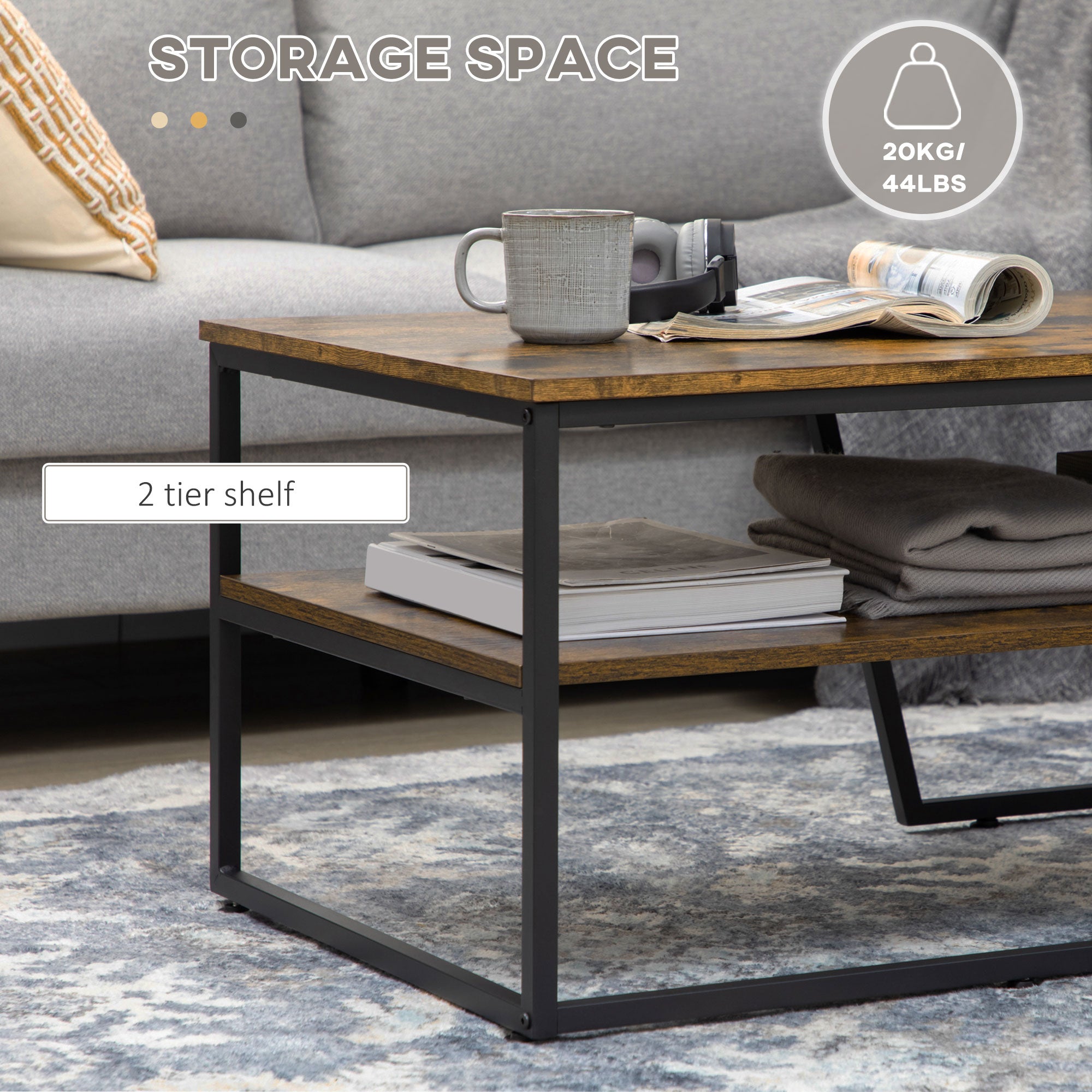 HOMCOM Industrial Coffee Table, 2-tier Center Table with Storage Shelf, Wood Look Accent Furniture with Metal Frame for Living Room, 41.7