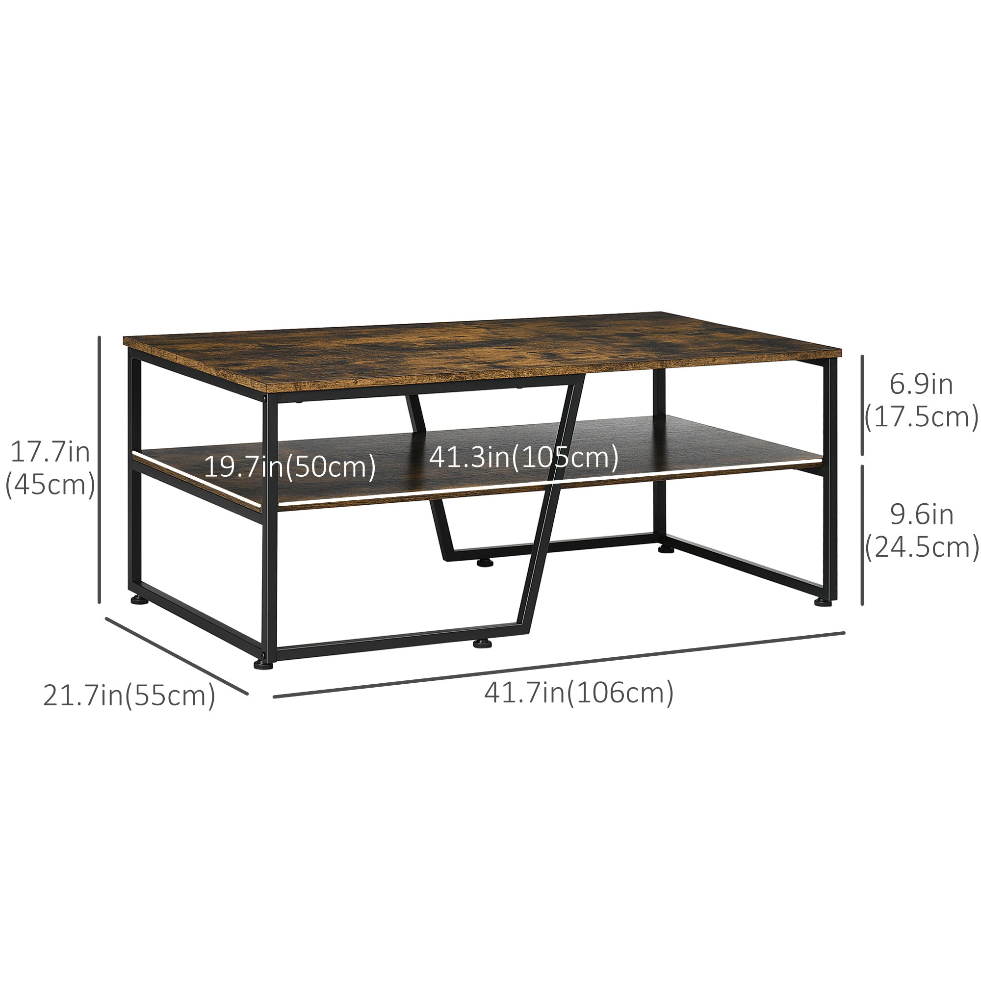 HOMCOM Industrial Coffee Table, 2-tier Center Table with Storage Shelf, Wood Look Accent Furniture with Metal Frame for Living Room, 41.7" x 21.7" x 17.7", Rustic Brown