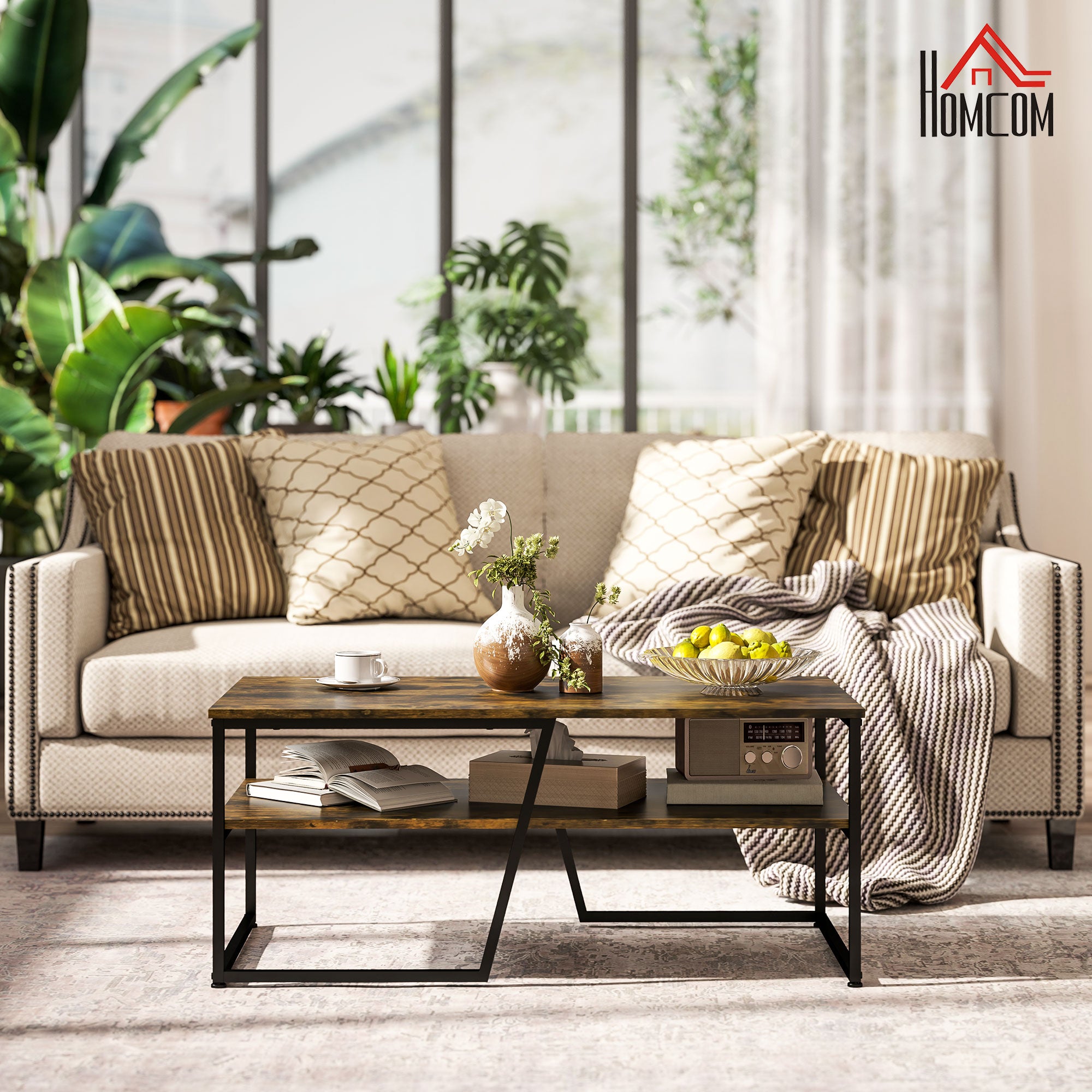 HOMCOM Industrial Coffee Table, 2-tier Center Table with Storage Shelf, Wood Look Accent Furniture with Metal Frame for Living Room, 41.7" x 21.7" x 17.7", Rustic Brown