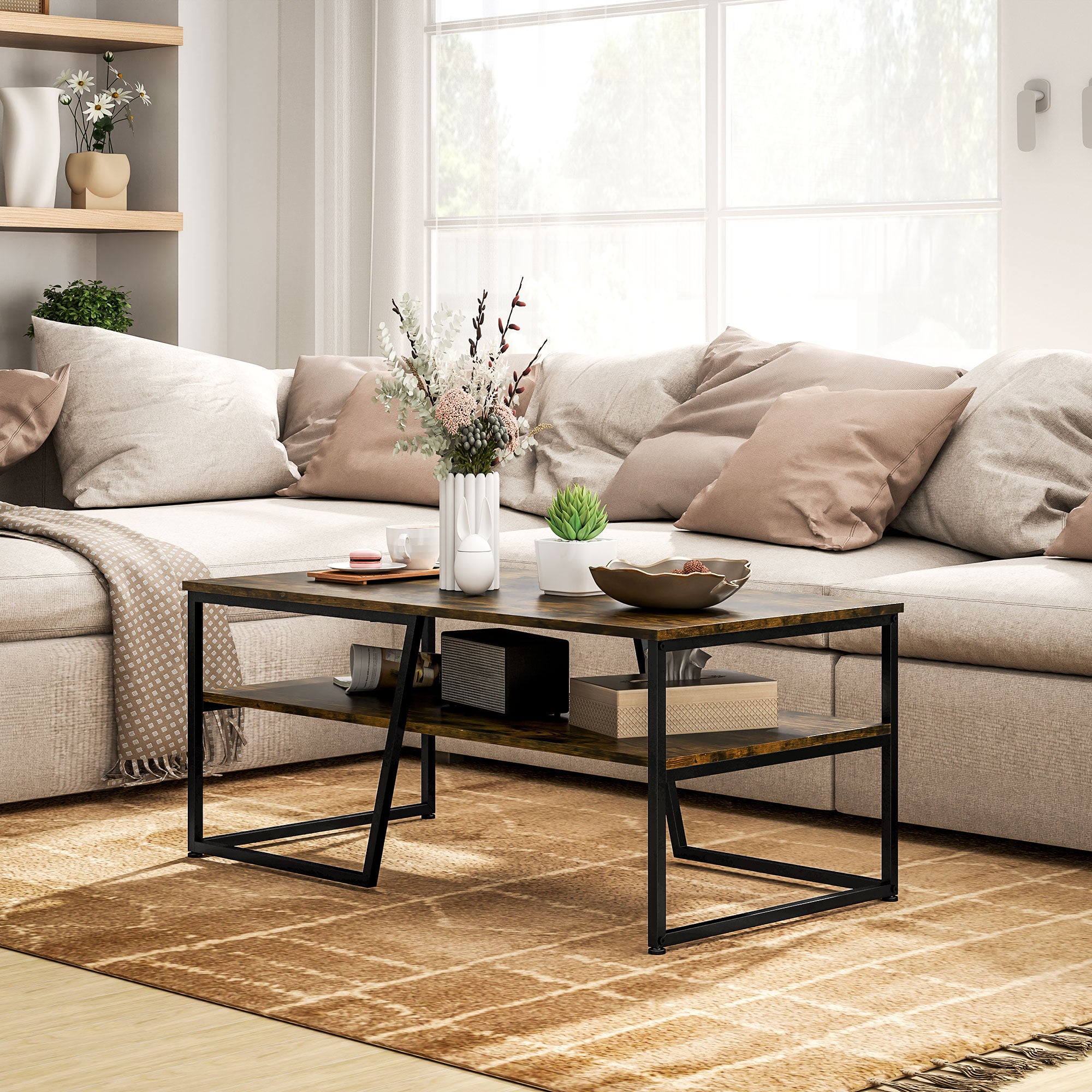 HOMCOM Industrial Coffee Table, 2-tier Center Table with Storage Shelf, Wood Look Accent Furniture with Metal Frame for Living Room, 41.7" x 21.7" x 17.7", Rustic Brown