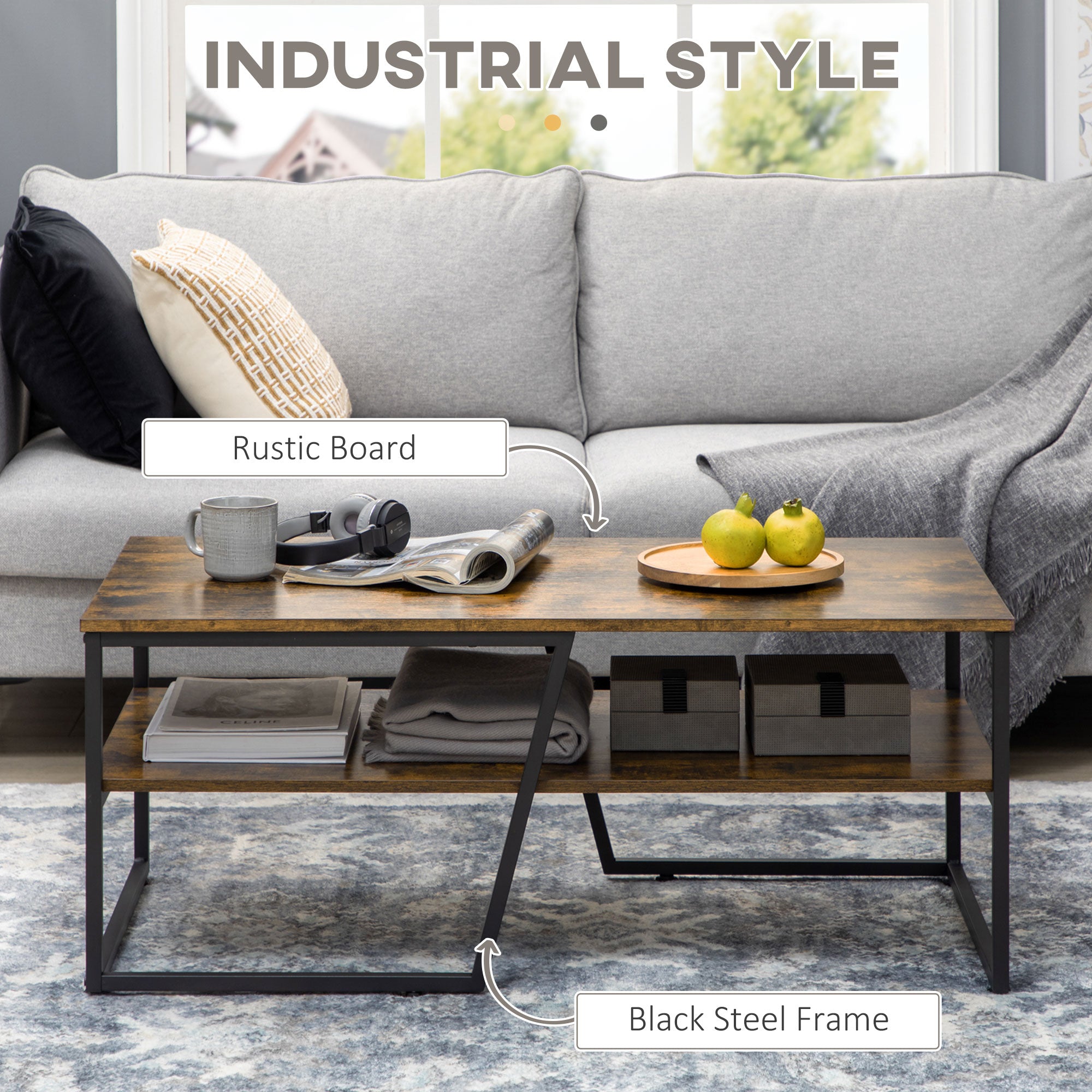 HOMCOM Industrial Coffee Table, 2-tier Center Table with Storage Shelf, Wood Look Accent Furniture with Metal Frame for Living Room, 41.7