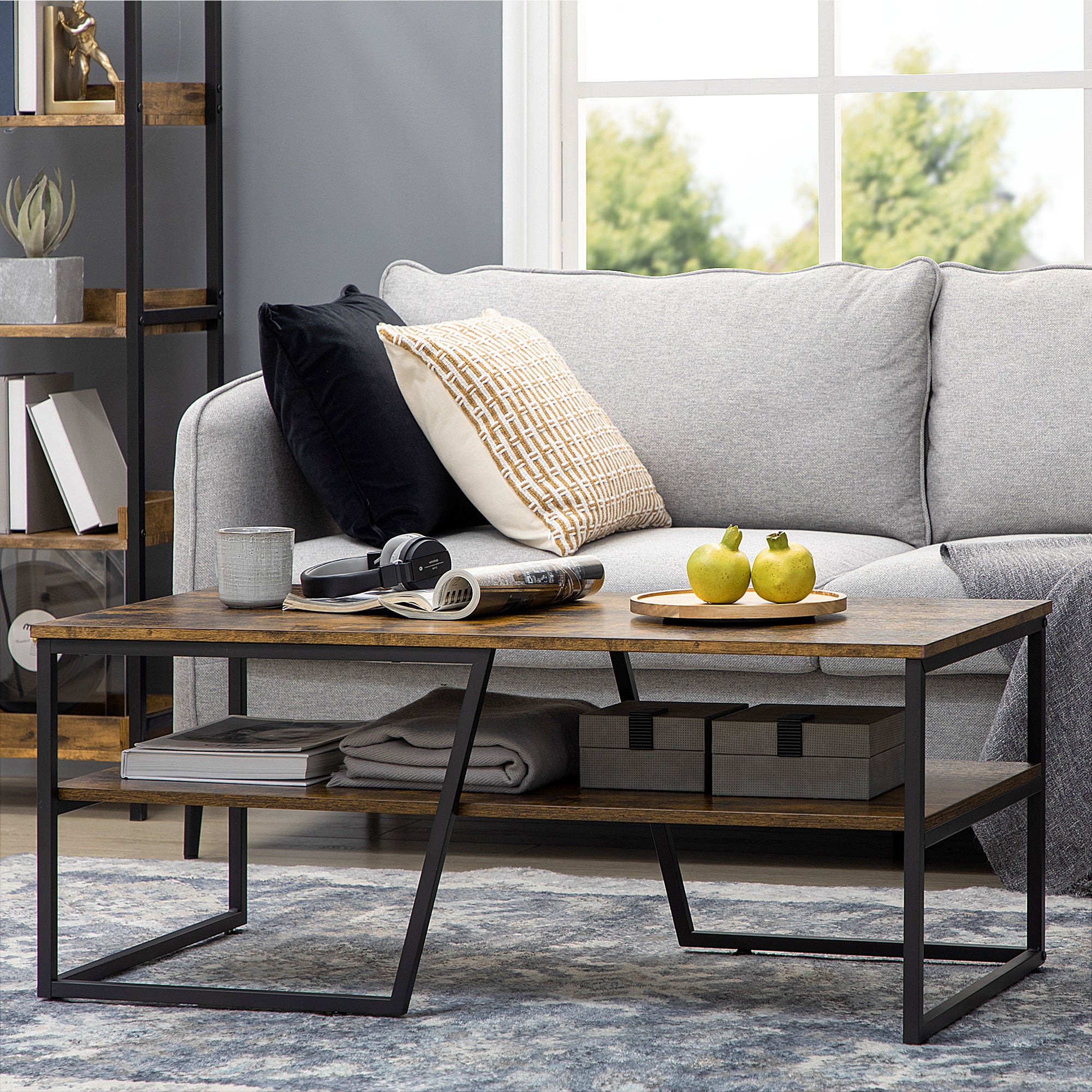 HOMCOM Industrial Coffee Table, 2-tier Center Table with Storage Shelf, Wood Look Accent Furniture with Metal Frame for Living Room, 41.7" x 21.7" x 17.7", Rustic Brown