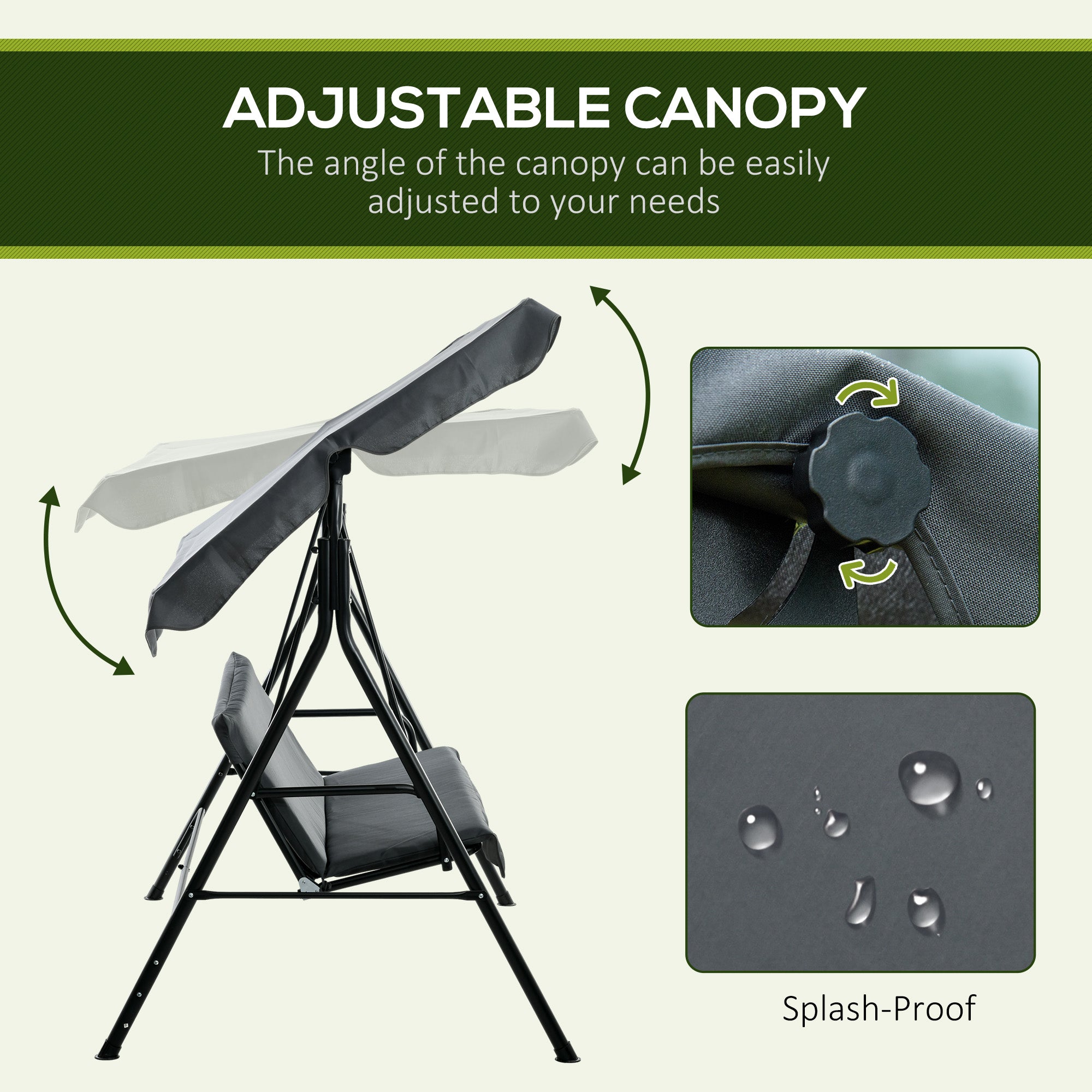 Outsunny 3-Seat Patio Swing Chair, Outdoor Porch Swing Glider with Adjustable Canopy, Removable Cushion, and Weather Resistant Steel Frame, for Garden, Poolside, Grey