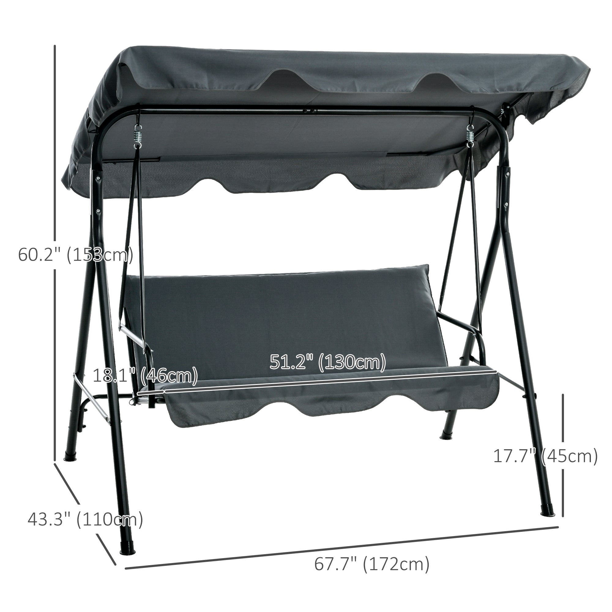Outsunny 3-Seat Patio Swing Chair, Outdoor Porch Swing Glider with Adjustable Canopy, Removable Cushion, and Weather Resistant Steel Frame, for Garden, Poolside, Grey