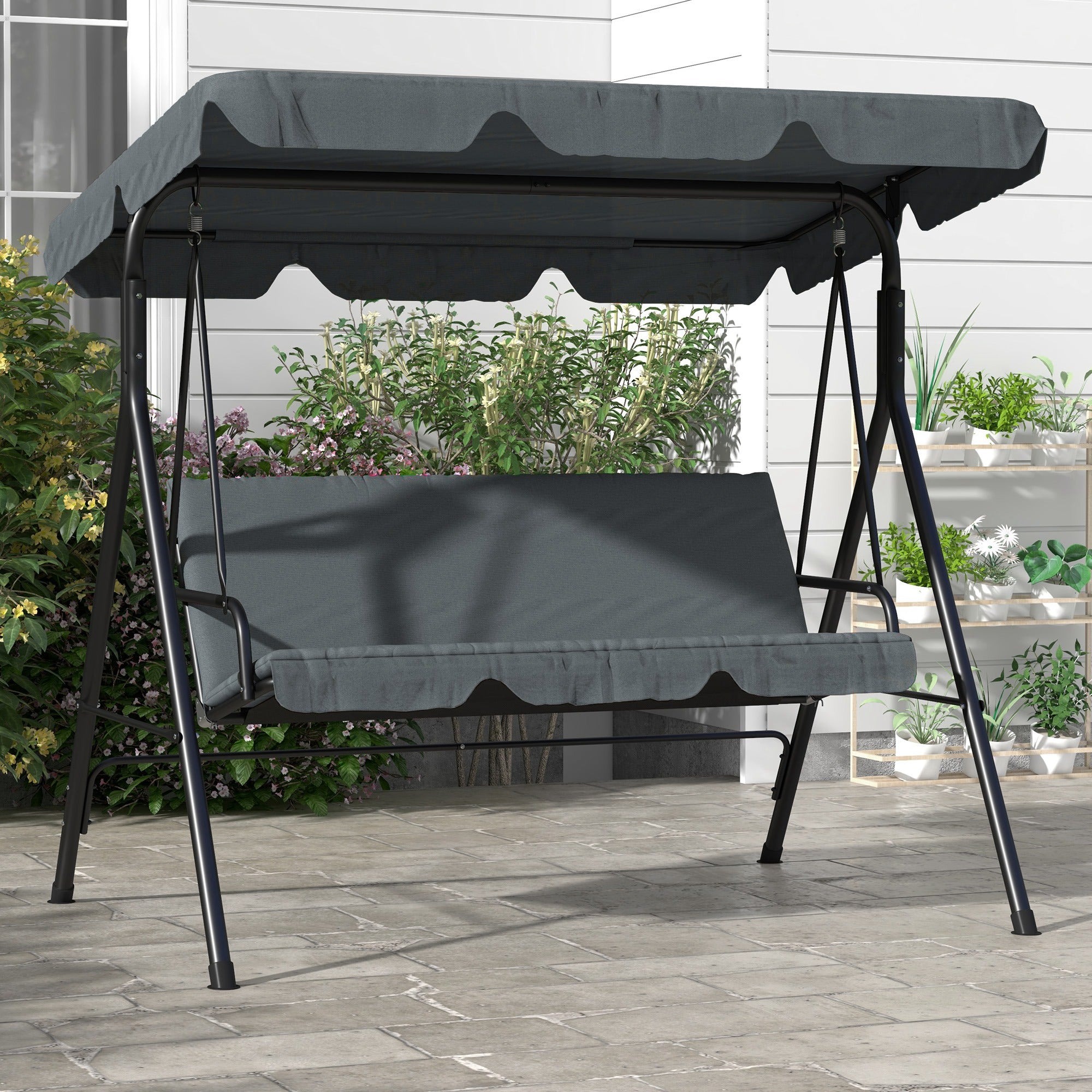 Outsunny 3-Seat Patio Swing Chair, Outdoor Porch Swing Glider with Adjustable Canopy, Removable Cushion, and Weather Resistant Steel Frame, for Garden, Poolside, Grey