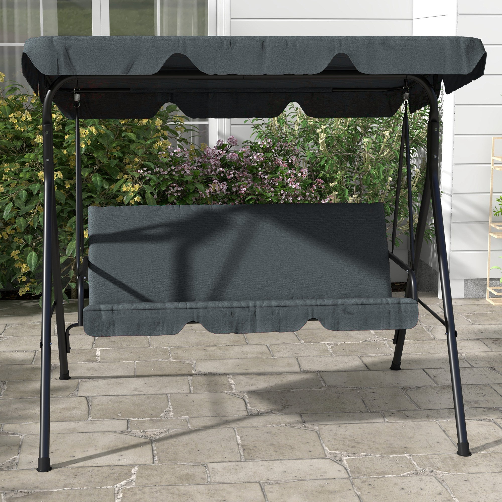 Outsunny 3-Seat Patio Swing Chair, Outdoor Porch Swing Glider with Adjustable Canopy, Removable Cushion, and Weather Resistant Steel Frame, for Garden, Poolside, Grey