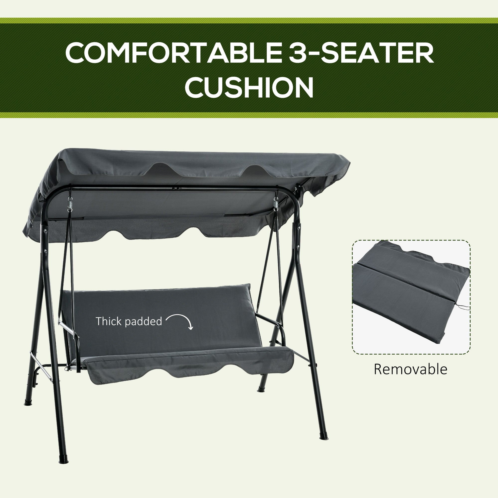 Outsunny 3-Seat Patio Swing Chair, Outdoor Porch Swing Glider with Adjustable Canopy, Removable Cushion, and Weather Resistant Steel Frame, for Garden, Poolside, Grey