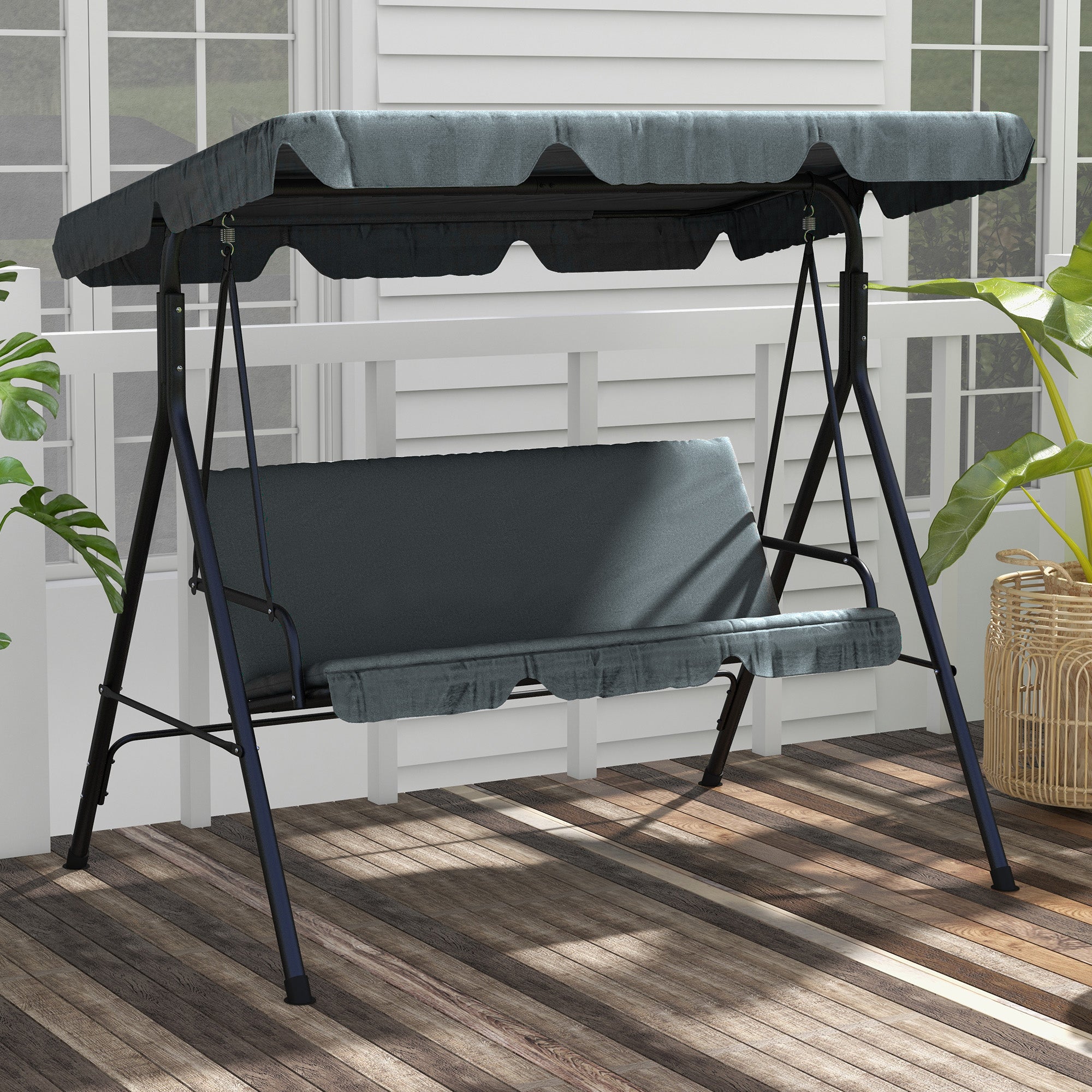 Outsunny 3-Seat Patio Swing Chair, Outdoor Porch Swing Glider with Adjustable Canopy, Removable Cushion, and Weather Resistant Steel Frame, for Garden, Poolside, Grey