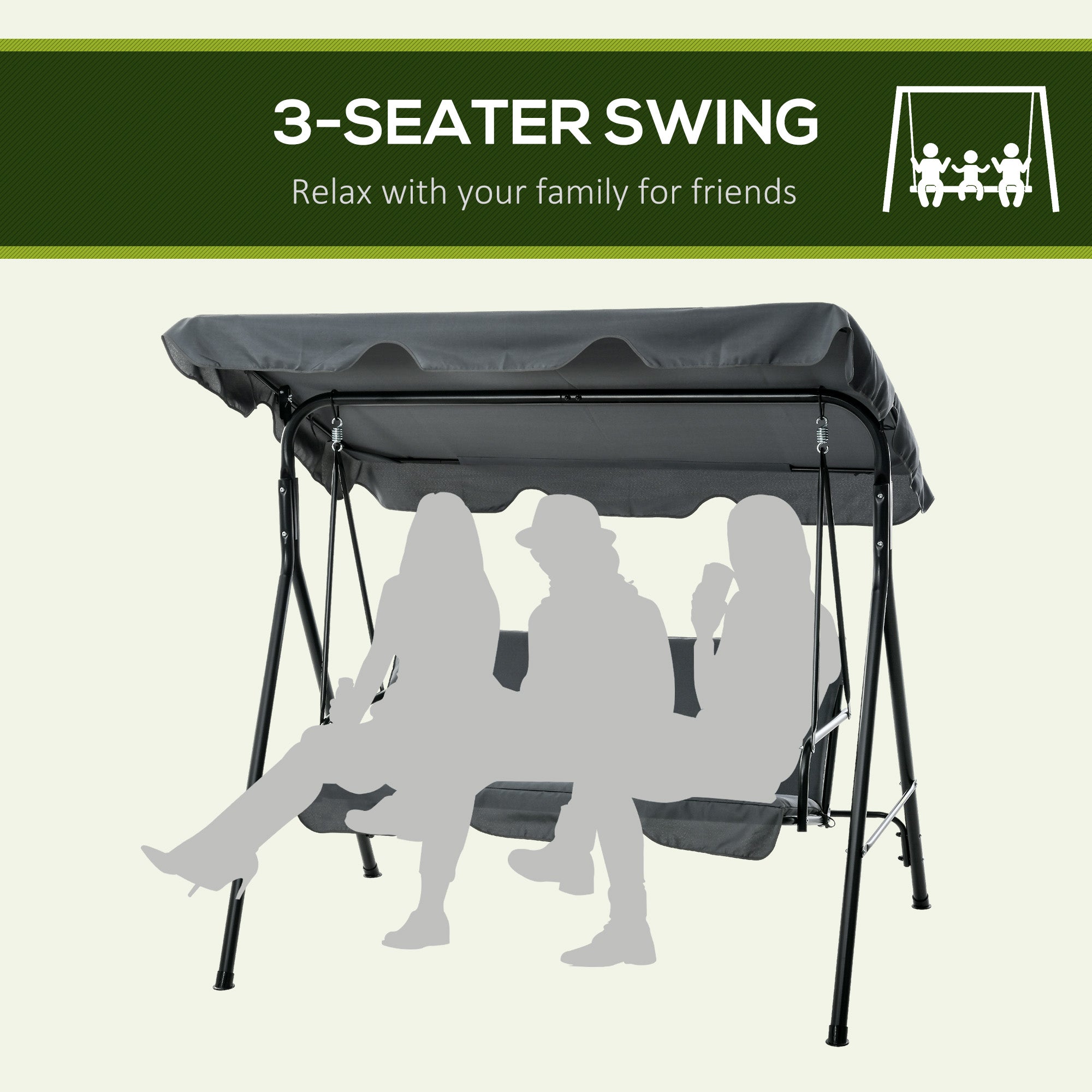 Outsunny 3-Seat Patio Swing Chair, Outdoor Porch Swing Glider with Adjustable Canopy, Removable Cushion, and Weather Resistant Steel Frame, for Garden, Poolside, Grey