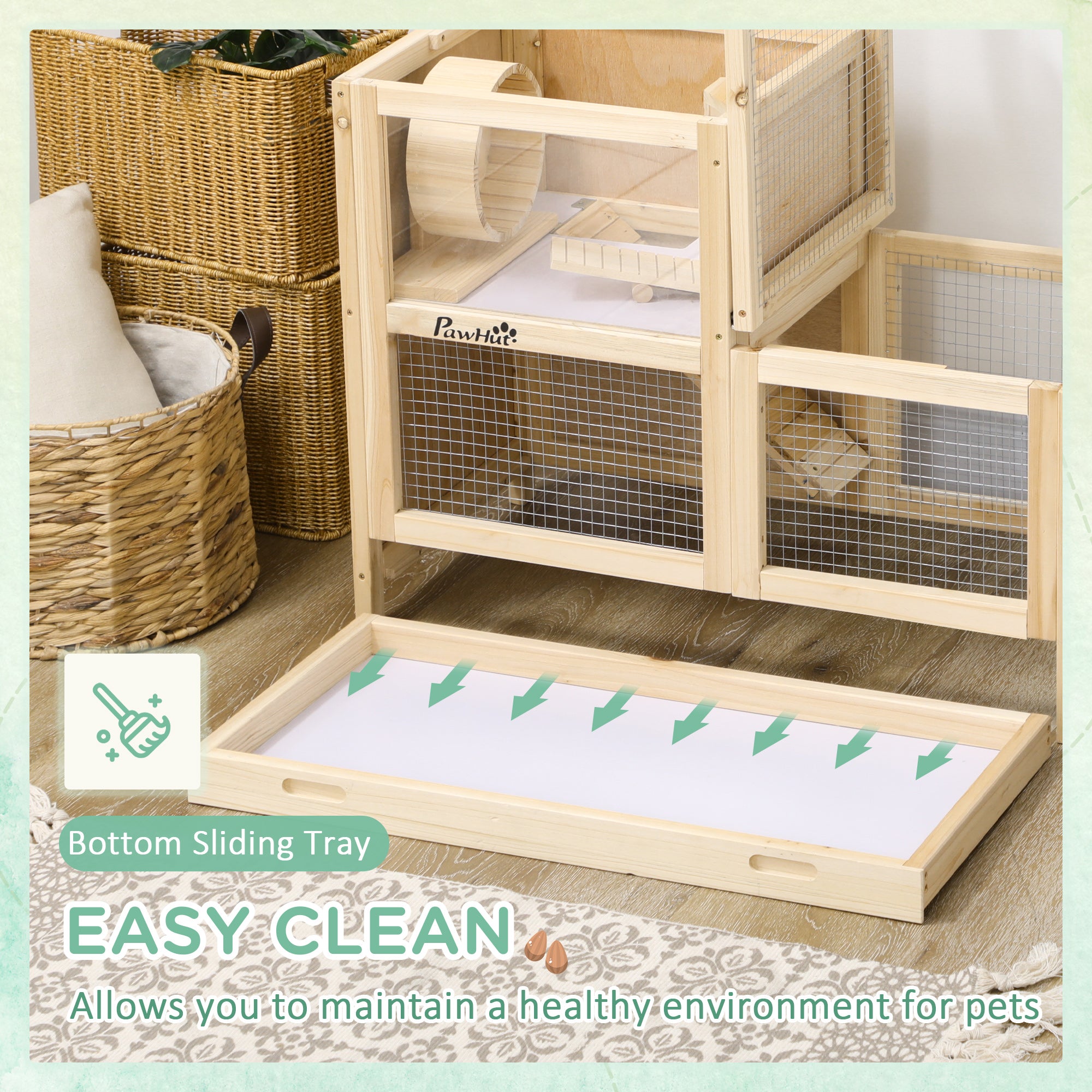 PawHut Wooden Hamster Cage with Sliding Tray, 2 Tiers Gerbil Cage Mice Rodent Small Animal Hutch with Run Area, Openable Roofs, Ramp, Seesaw, Running Wheel, 78 x 41.5 x 60 - Natural