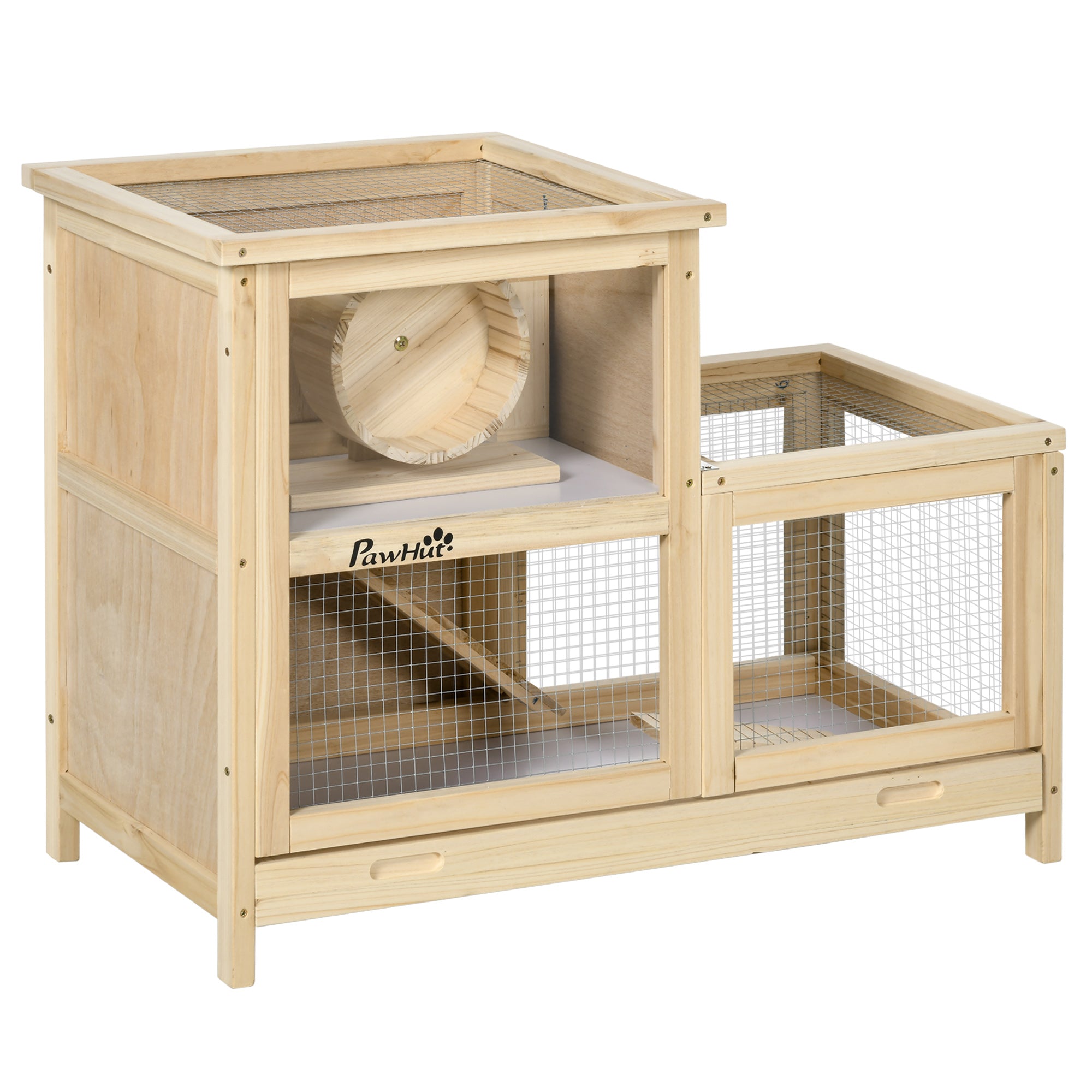 PawHut Wooden Hamster Cage, Mice Rodent Small Animals Kit Hutch, 2 Tiers Exercise Play House, with Sliding Tray, Ladder, Seesaw, Running Wheel, Openable Roofs, 31