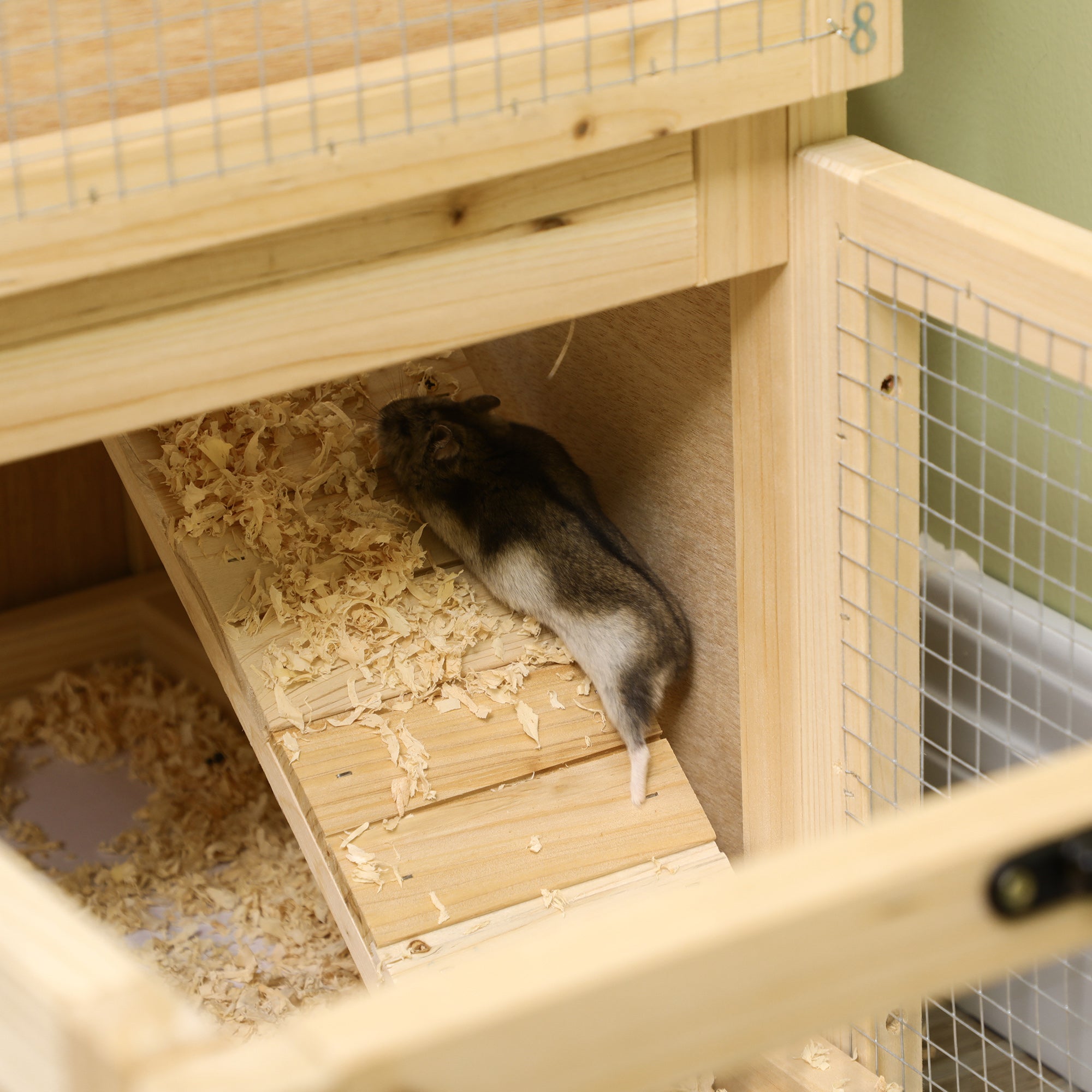 PawHut Wooden Hamster Cage with Sliding Tray, 2 Tiers Gerbil Cage Mice Rodent Small Animal Hutch with Run Area, Openable Roofs, Ramp, Seesaw, Running Wheel, 78 x 41.5 x 60 - Natural