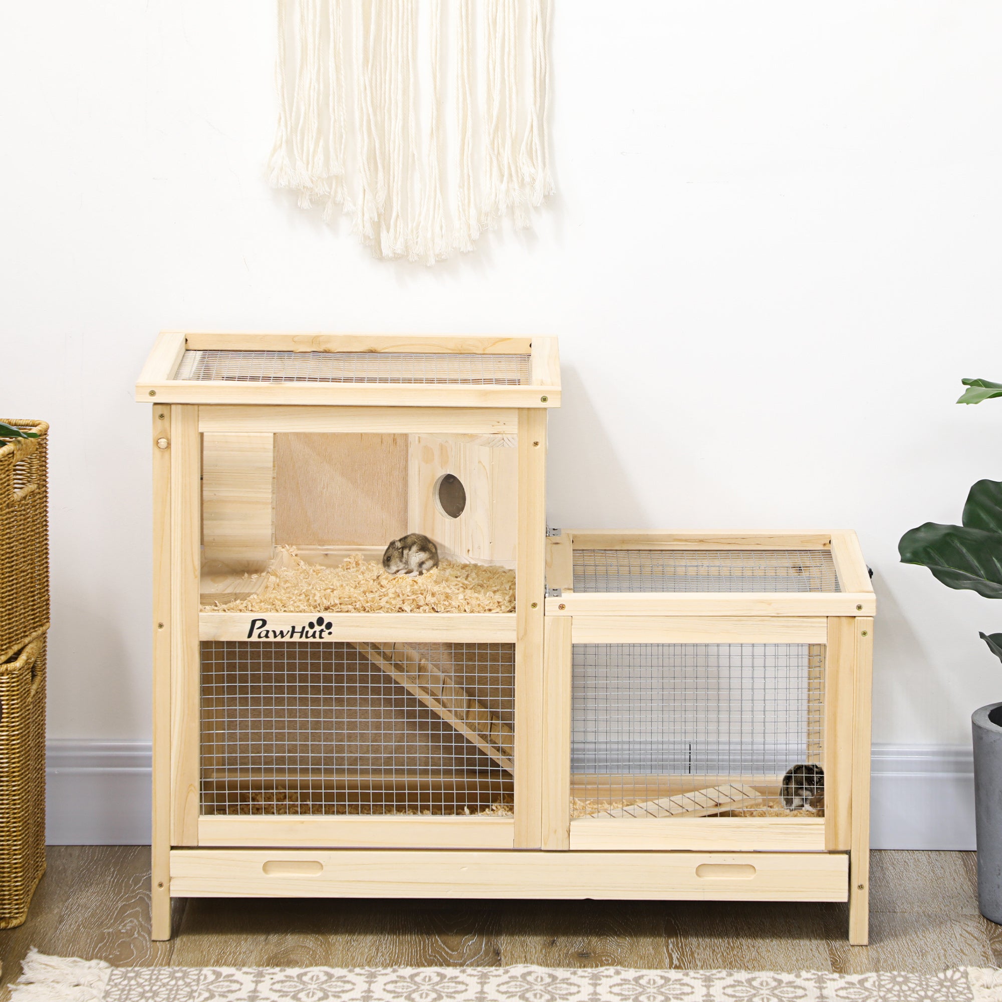 PawHut Wooden Hamster Cage, Mice Rodent Small Animals Kit Hutch, 2 Tiers Exercise Play House, with Sliding Tray, Ladder, Seesaw, Running Wheel, Openable Roofs, 31" x 16" x 23.5", Natural Wood