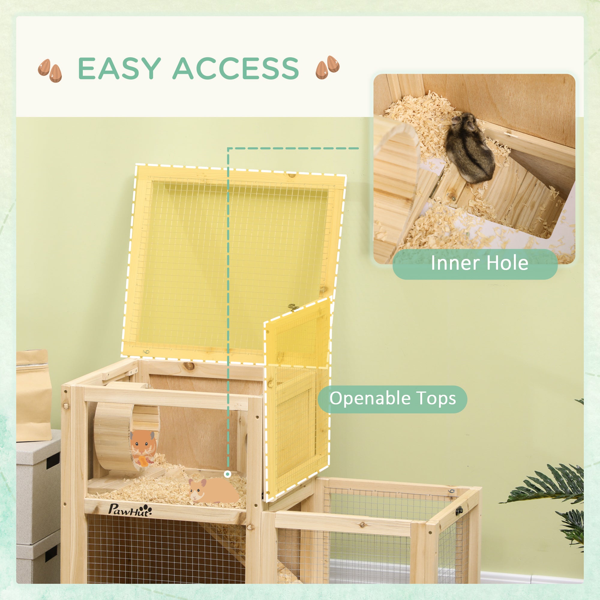 PawHut Wooden Hamster Cage, Mice Rodent Small Animals Kit Hutch, 2 Tiers Exercise Play House, with Sliding Tray, Ladder, Seesaw, Running Wheel, Openable Roofs, 31
