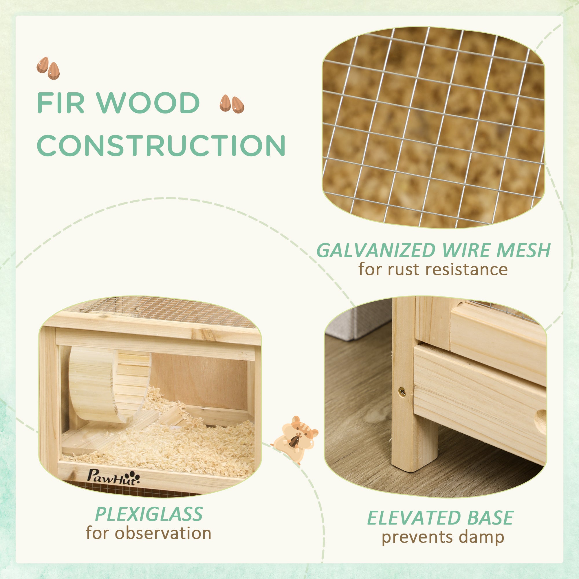 PawHut Wooden Hamster Cage, Mice Rodent Small Animals Kit Hutch, 2 Tiers Exercise Play House, with Sliding Tray, Ladder, Seesaw, Running Wheel, Openable Roofs, 31" x 16" x 23.5", Natural Wood