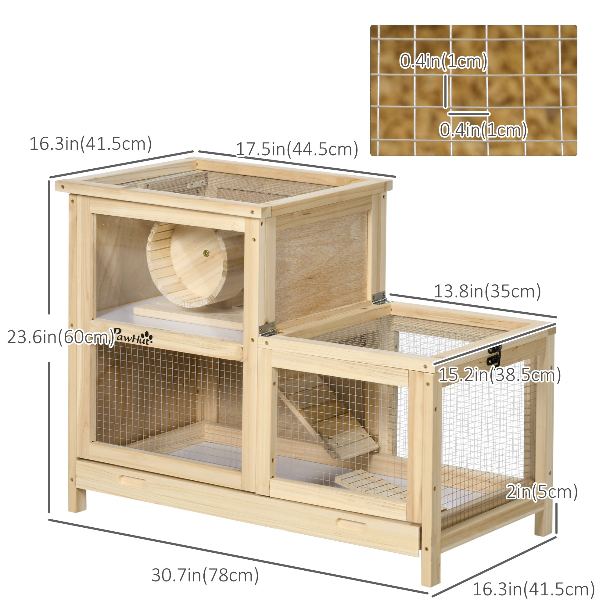PawHut Wooden Hamster Cage, Mice Rodent Small Animals Kit Hutch, 2 Tiers Exercise Play House, with Sliding Tray, Ladder, Seesaw, Running Wheel, Openable Roofs, 31" x 16" x 23.5", Natural Wood